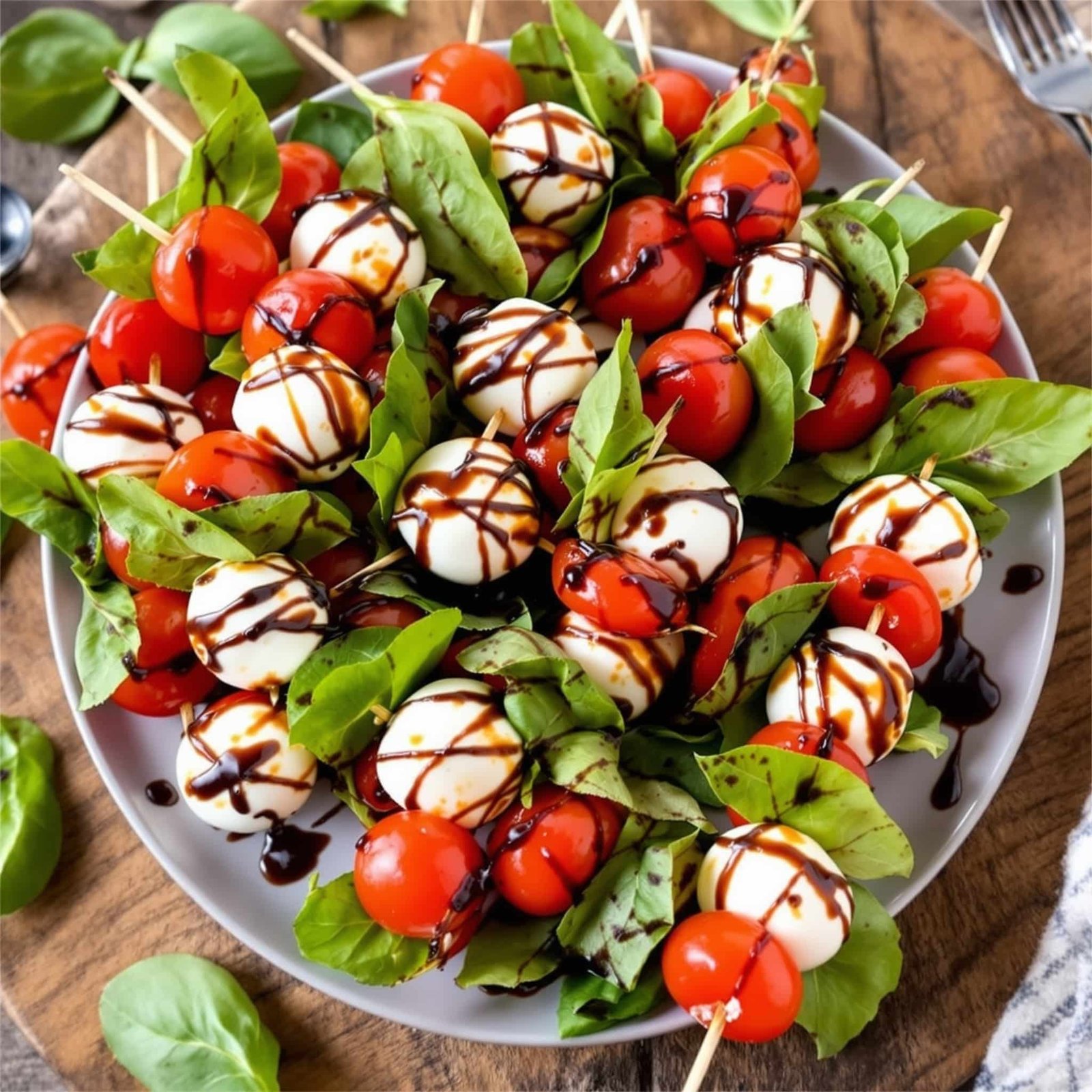 A colorful arrangement of Caprese skewers with tomatoes, basil, and mozzarella, drizzled with balsamic glaze on a wooden table.