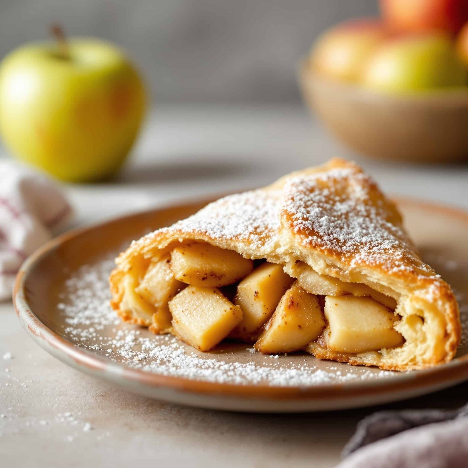 Crispy air fryer apple turnover dusted with powdered sugar, on a plate surrounded by fresh apples.