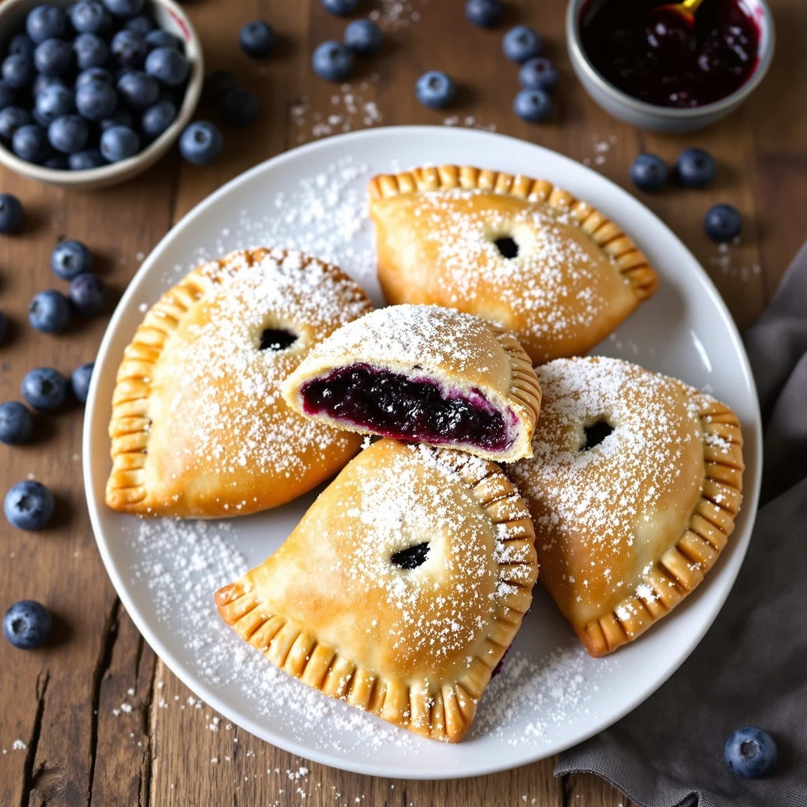 Golden-brown blueberry hand pies on a rustic table with powdered sugar, fresh blueberries around.