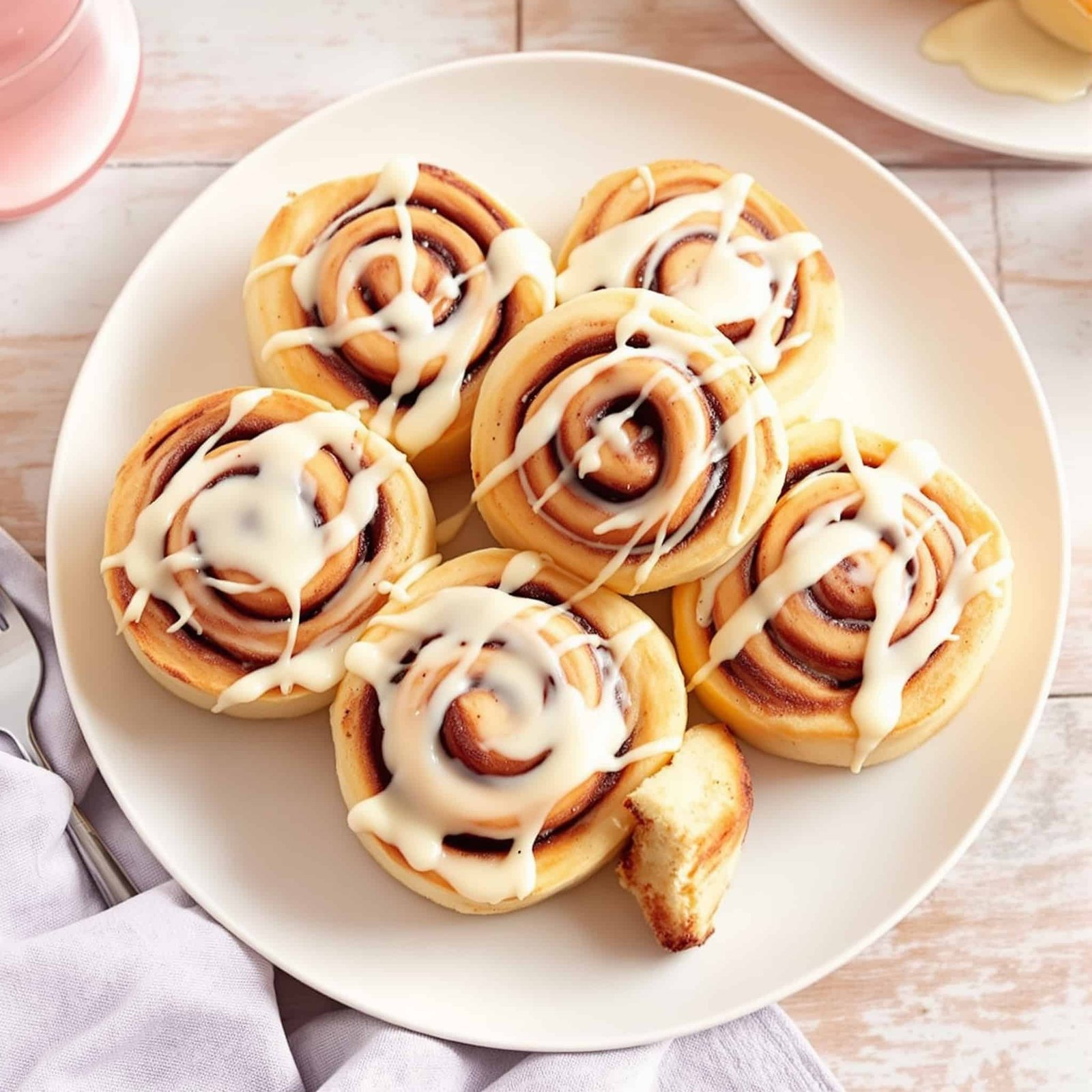 A delicious plate of air fryer cinnamon rolls with icing, presented on a rustic table.