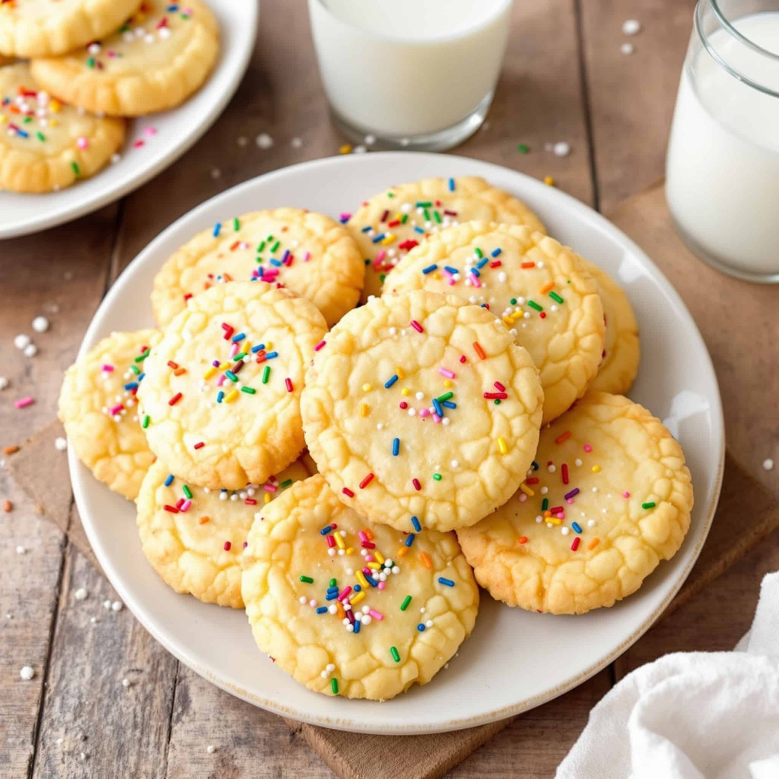 Delicious air fryer sugar cookies with colorful sprinkles on a wooden plate.