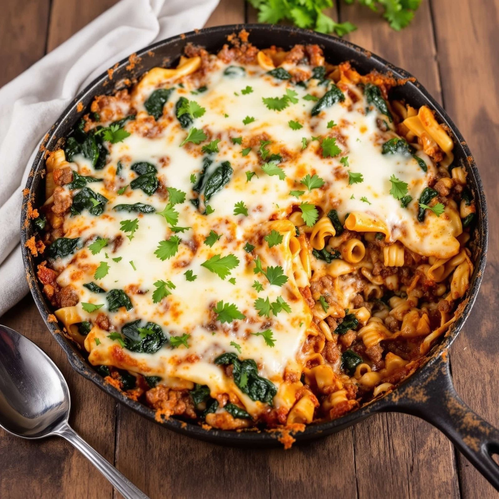Beef and Spinach Lasagna Skillet Recipe A bubbling Beef and Spinach Lasagna Skillet with ground beef, spinach, and melted cheese in a cast iron skillet.