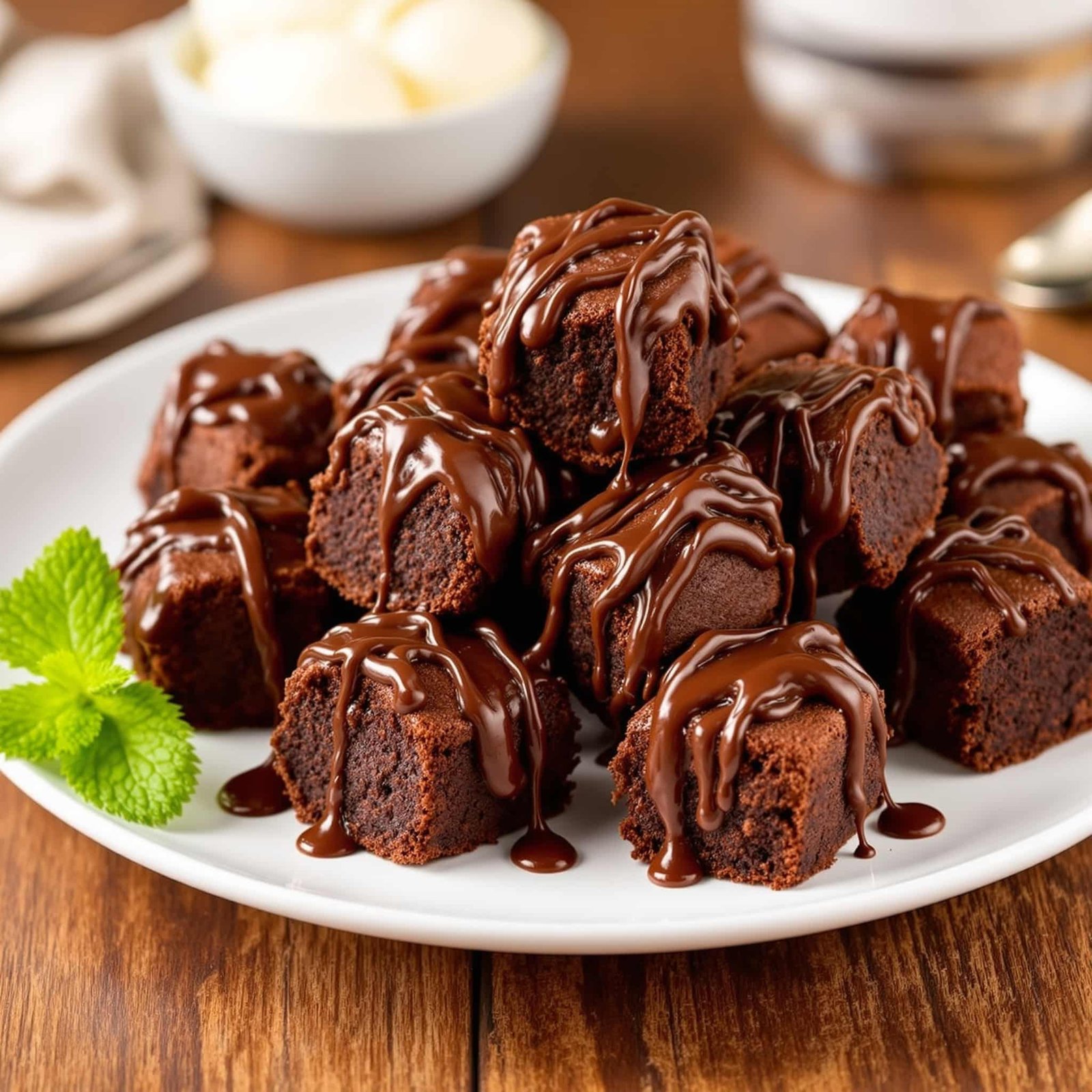 A plate of fudgy air fryer brownie bites drizzled with chocolate sauce, accompanied by vanilla ice cream and mint leaves.