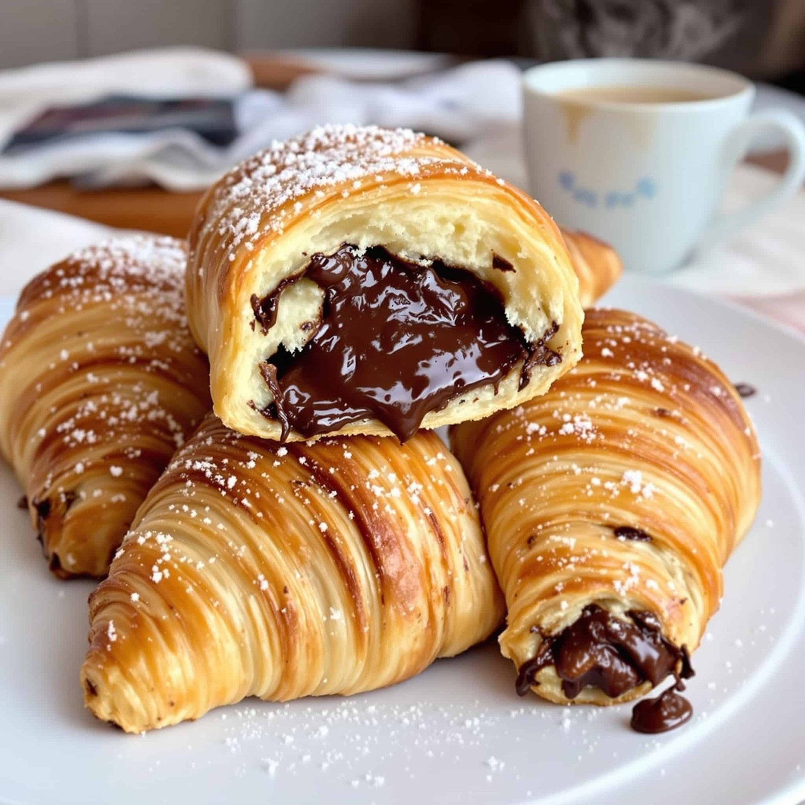 Easy Air Fryer Chocolate Croissants Recipe Freshly baked chocolate croissants on a plate, dusted with powdered sugar, with a cup of coffee in the background.