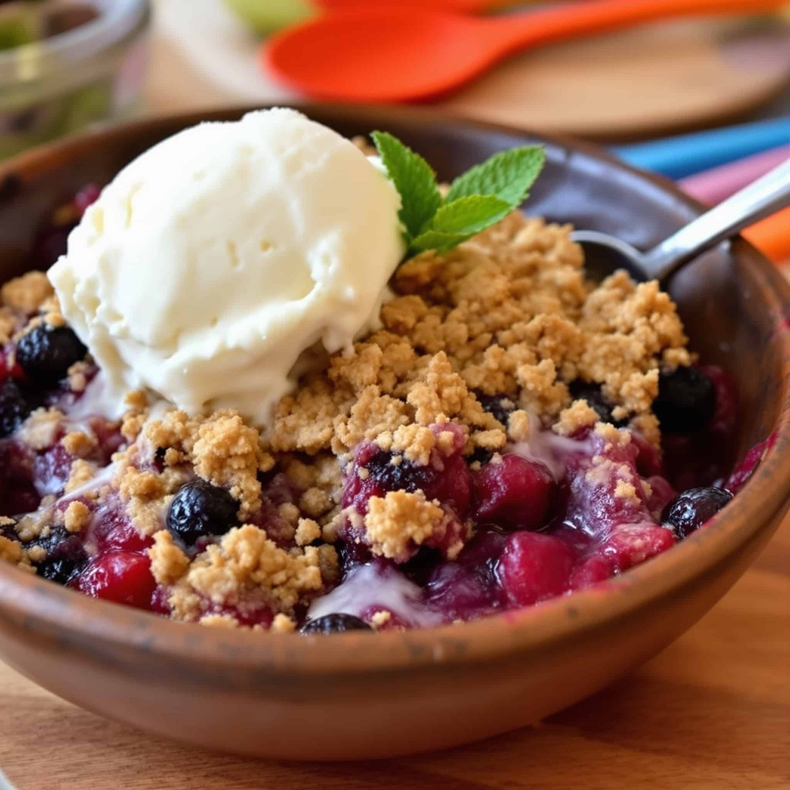 Warm air fryer berry crisp with ice cream, garnished with mint, on a wooden table.