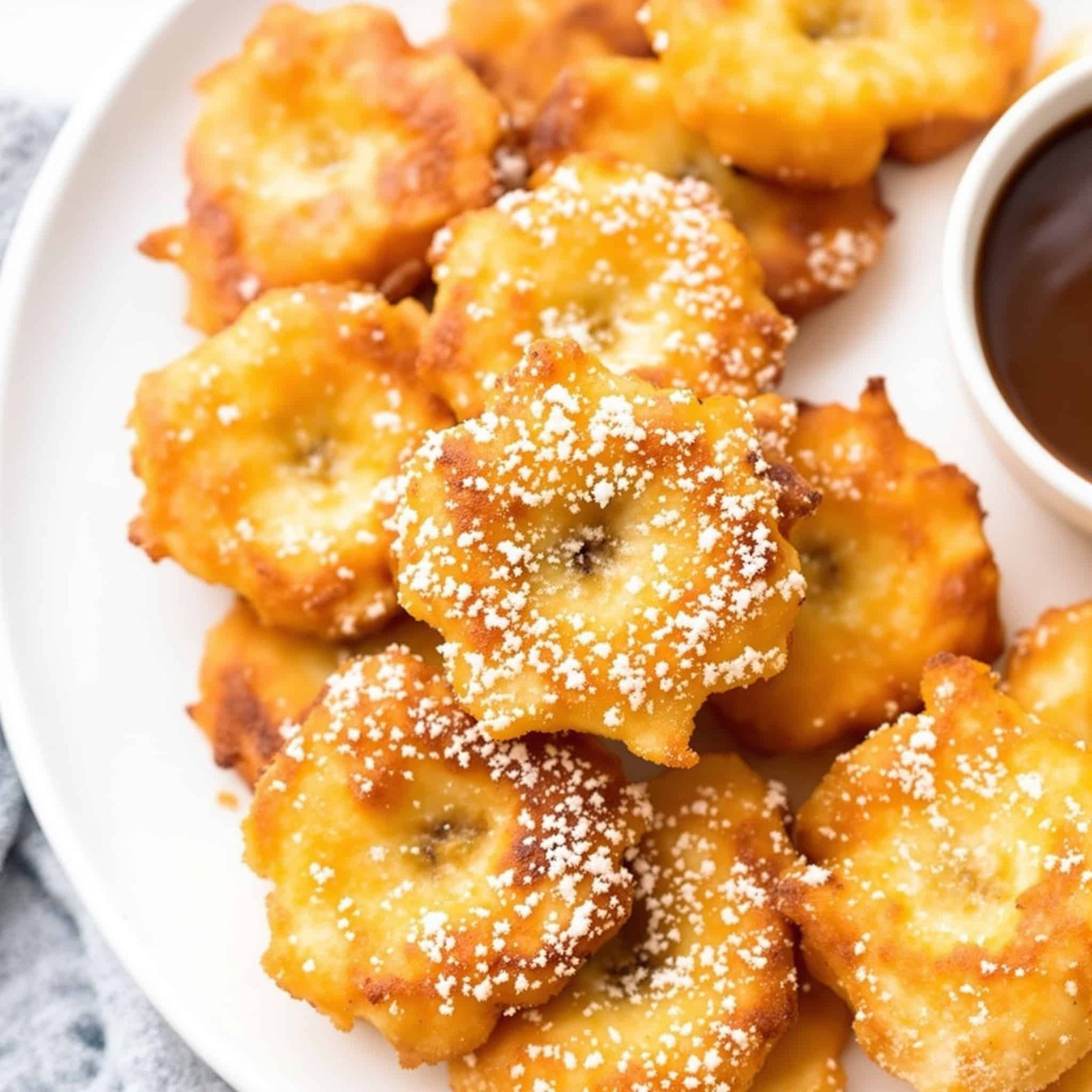 Air fryer banana fritters on a plate, lightly dusted with powdered sugar, served with a dipping sauce.
