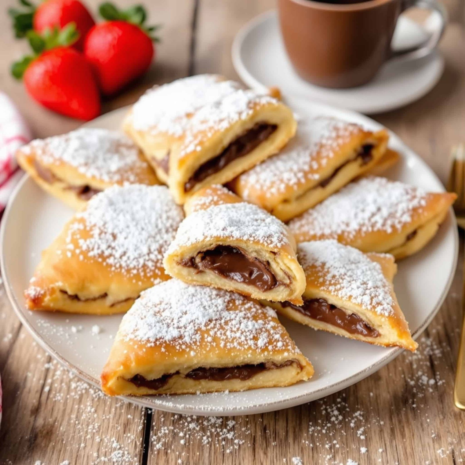 Air Fryer Nutella Pastries Recipe Golden air fryer Nutella pastries with powdered sugar on a rustic plate, served with strawberries.