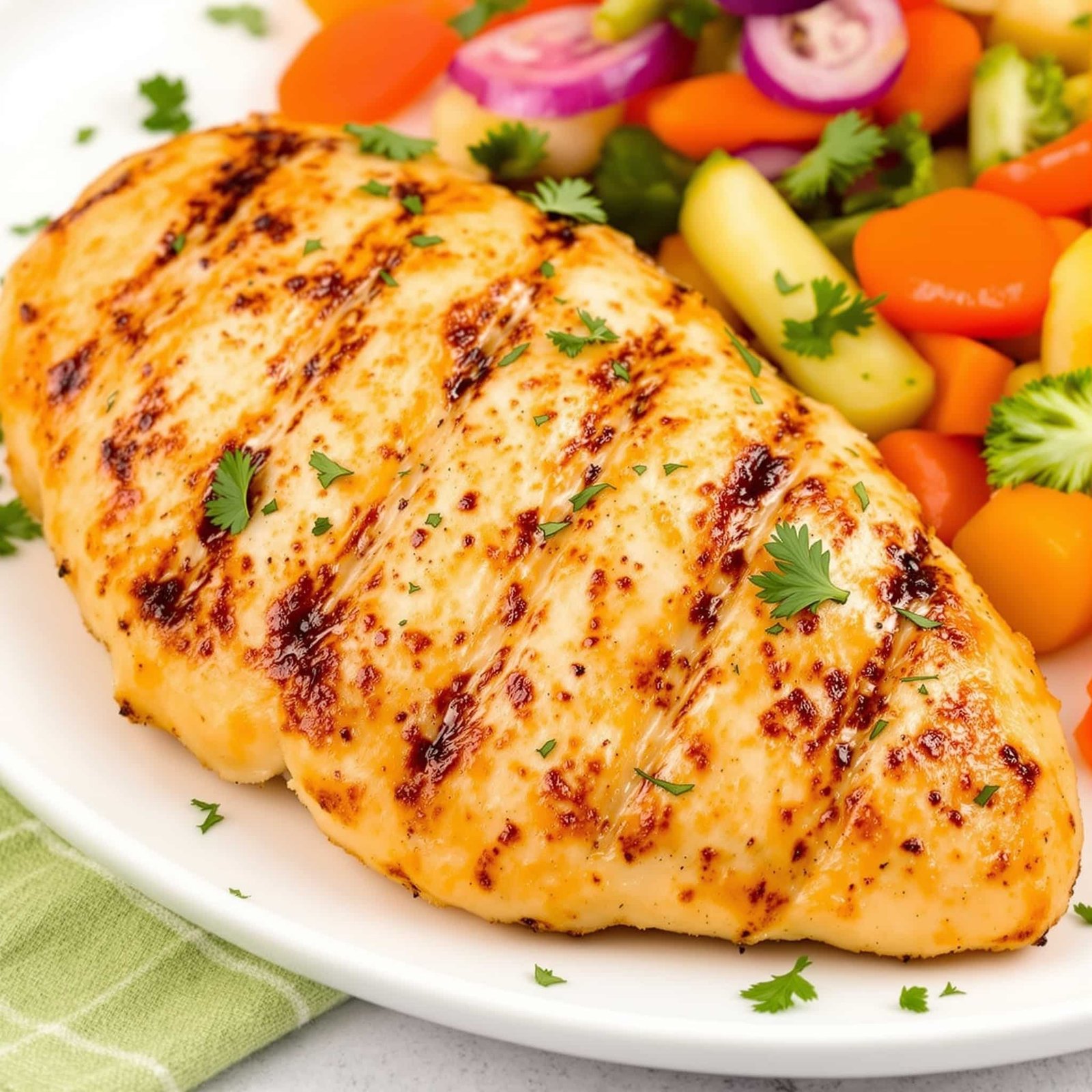 Crispy air fryer chicken breast on a plate with parsley and colorful vegetables.