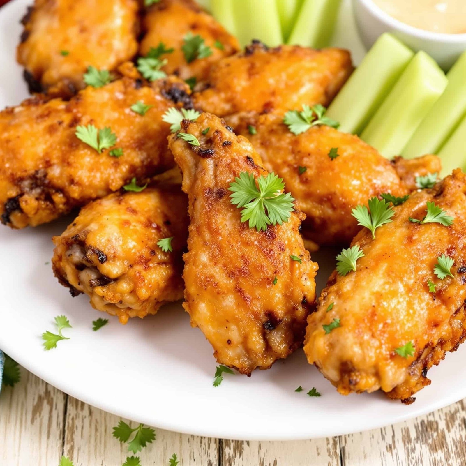 Crispy Air Fryer Chicken Wings Recipe Crispy air fryer chicken wings with parsley, celery sticks, and dipping sauce on a plate.