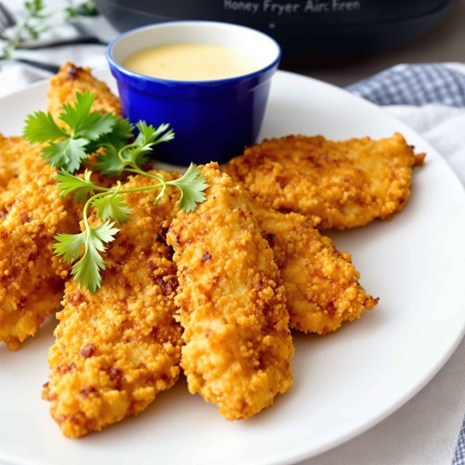 Crispy Air Fryer Chicken Tenders Recipe Crispy chicken tenders on a plate with honey mustard dipping sauce and parsley garnish.