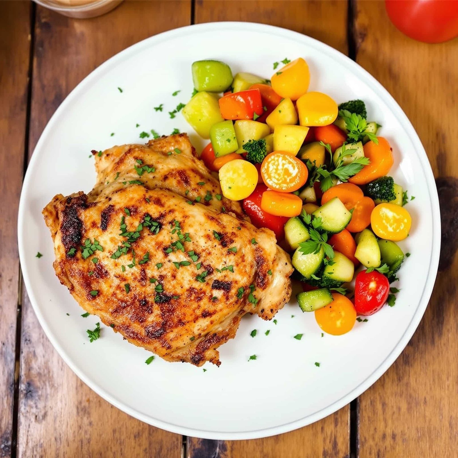 Crispy air fryer chicken thighs garnished with herbs on a rustic wooden plate, accompanied by seasonal vegetables.