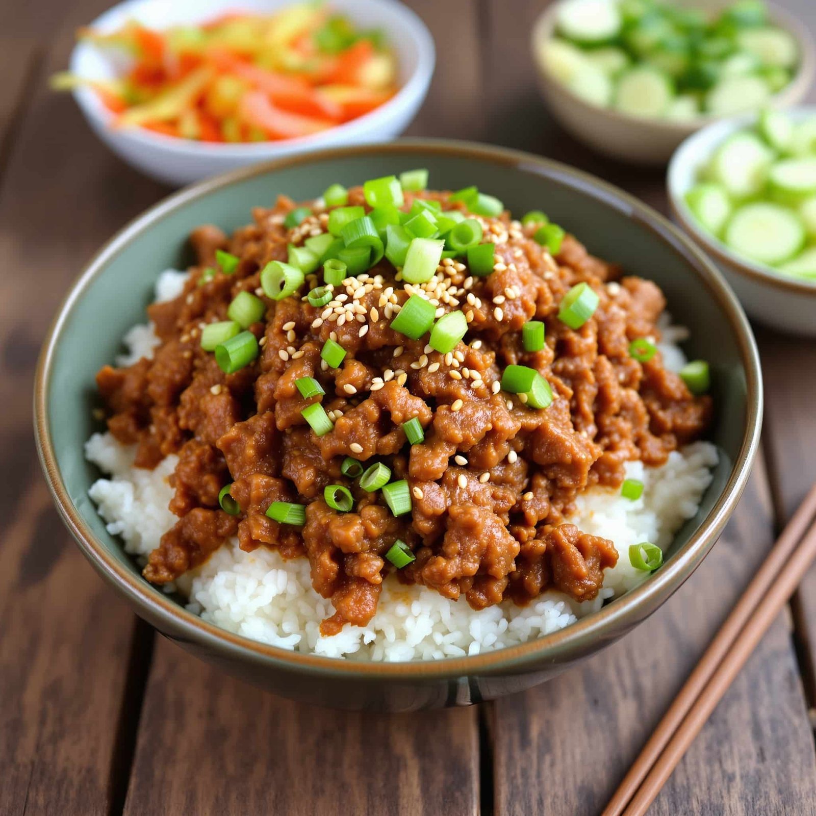 Korean ground beef bowl on rice, garnished with green onions and sesame seeds, alongside pickled vegetables.
