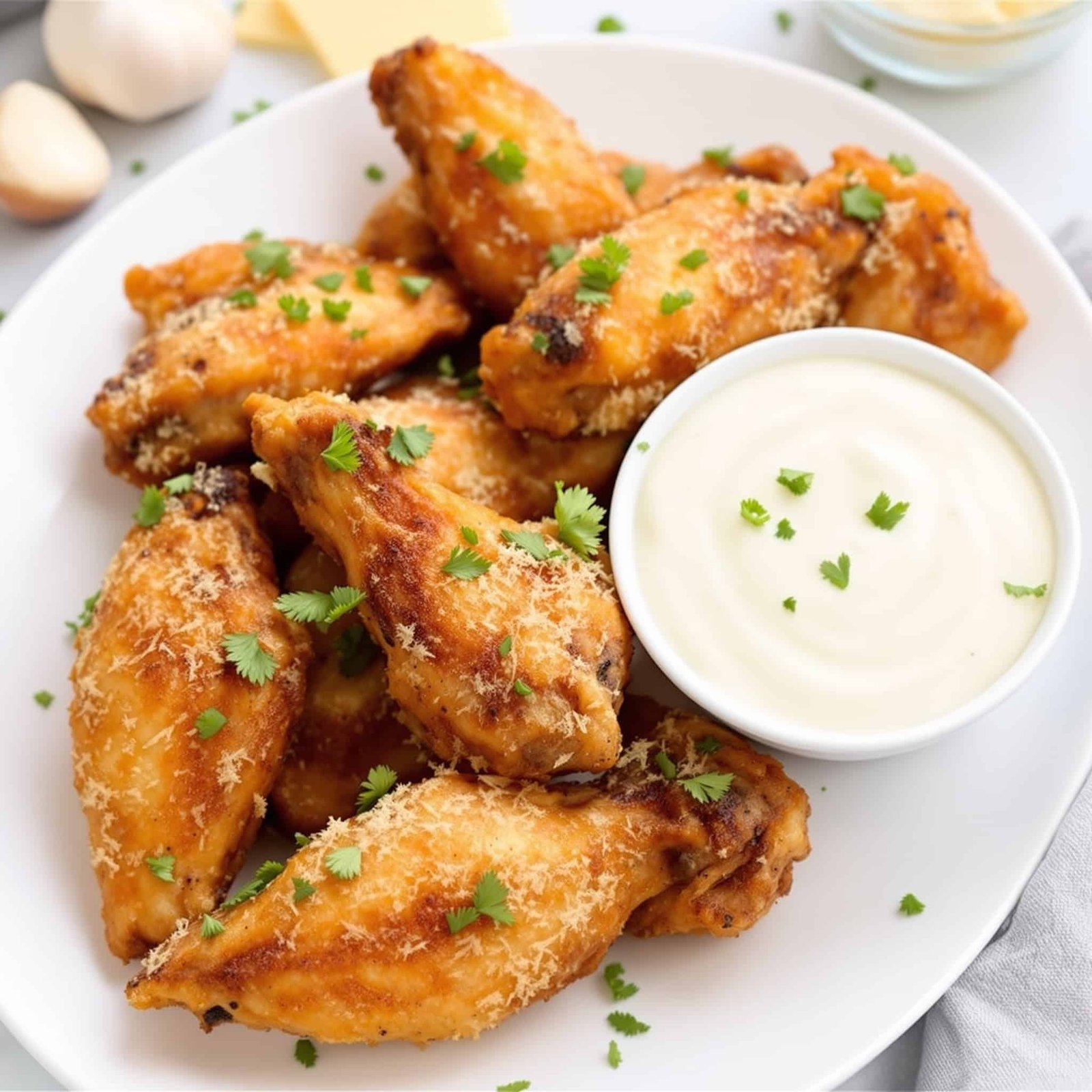 A delicious serving of crispy garlic Parmesan wings on a plate, garnished with parsley, alongside a bowl of dipping sauce.