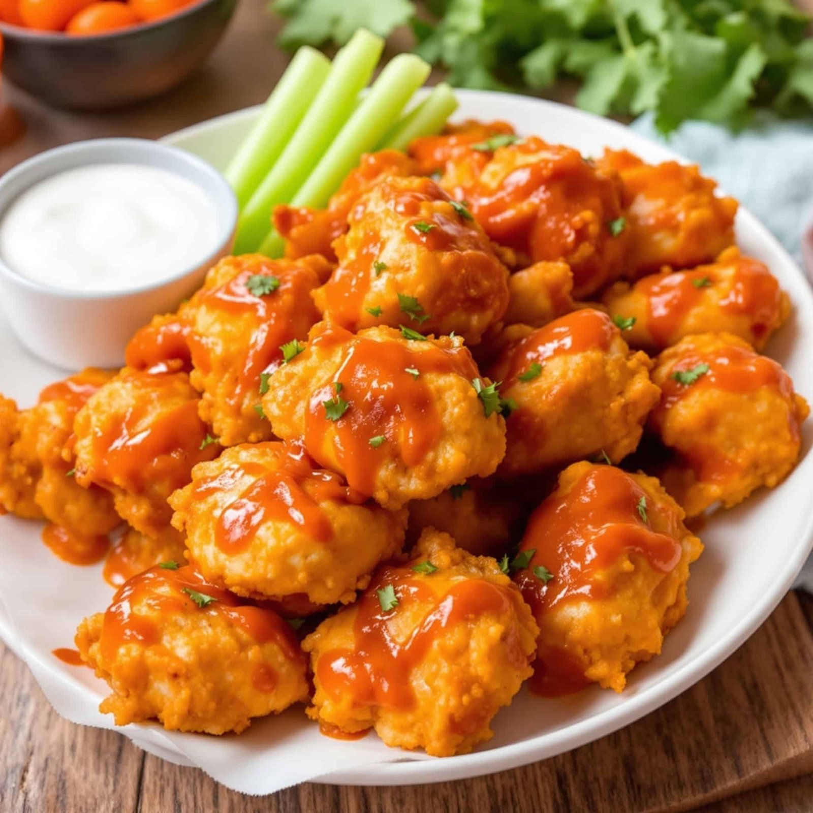 Crispy Air Fryer Buffalo Chicken Bites Recipe Crispy buffalo chicken bites coated in sauce, served with celery and a bowl of ranch dressing.