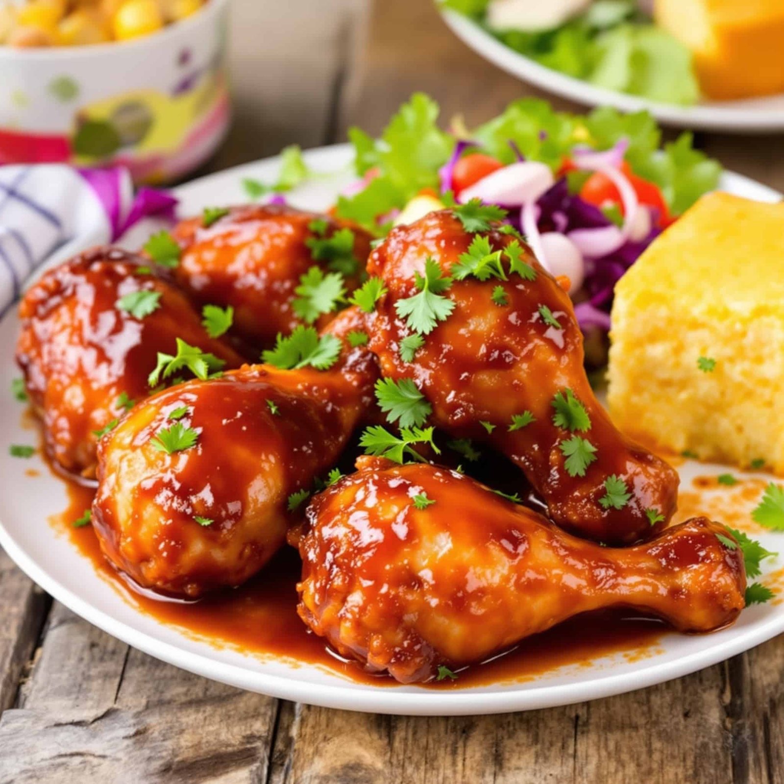 Crispy Air Fryer BBQ Chicken Drumsticks Recipe Crispy BBQ chicken drumsticks on a plate garnished with parsley, served with salad and cornbread.