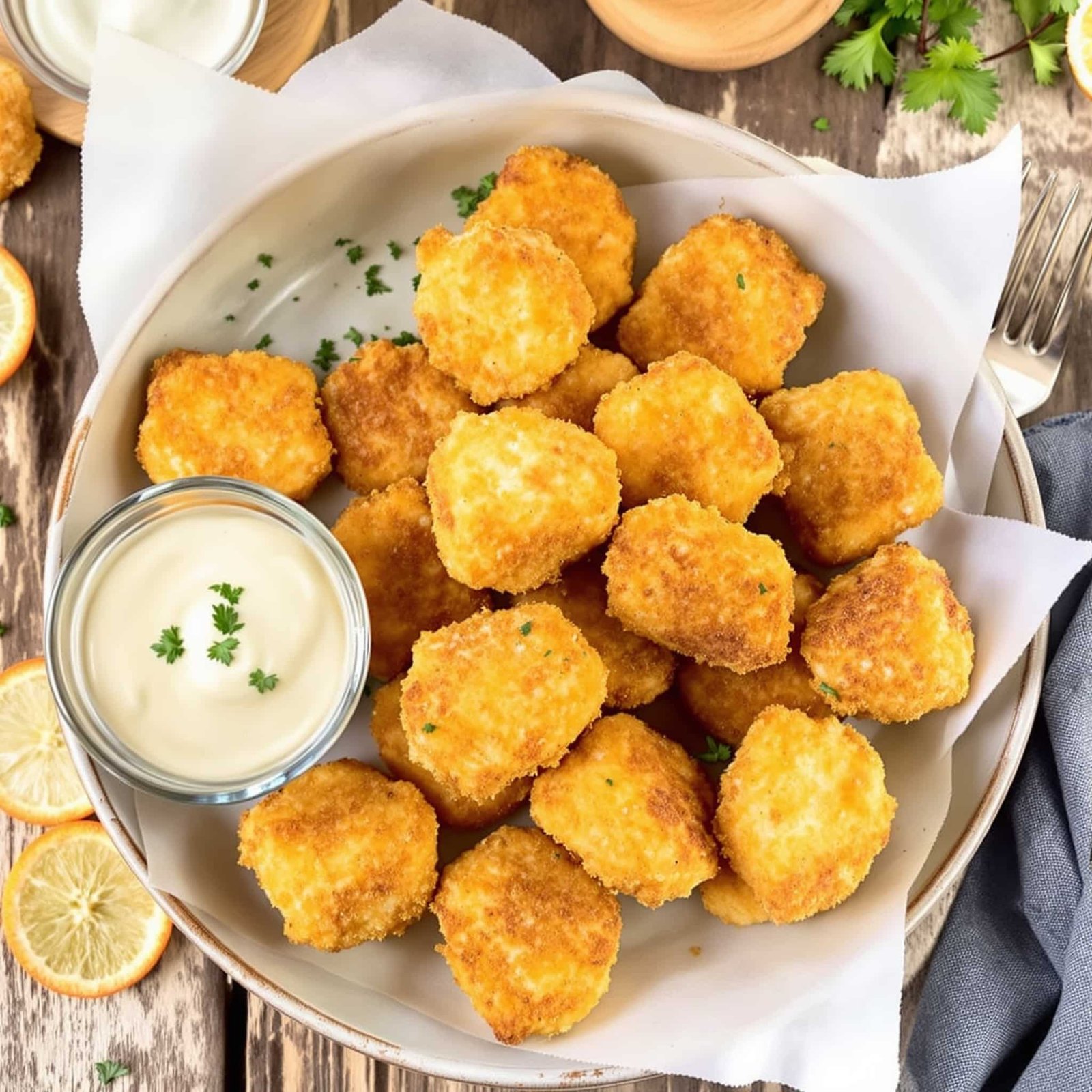Crispy Air Fryer Chicken Nuggets Recipe Crispy air fryer chicken nuggets on a plate with dipping sauce, garnished with parsley.