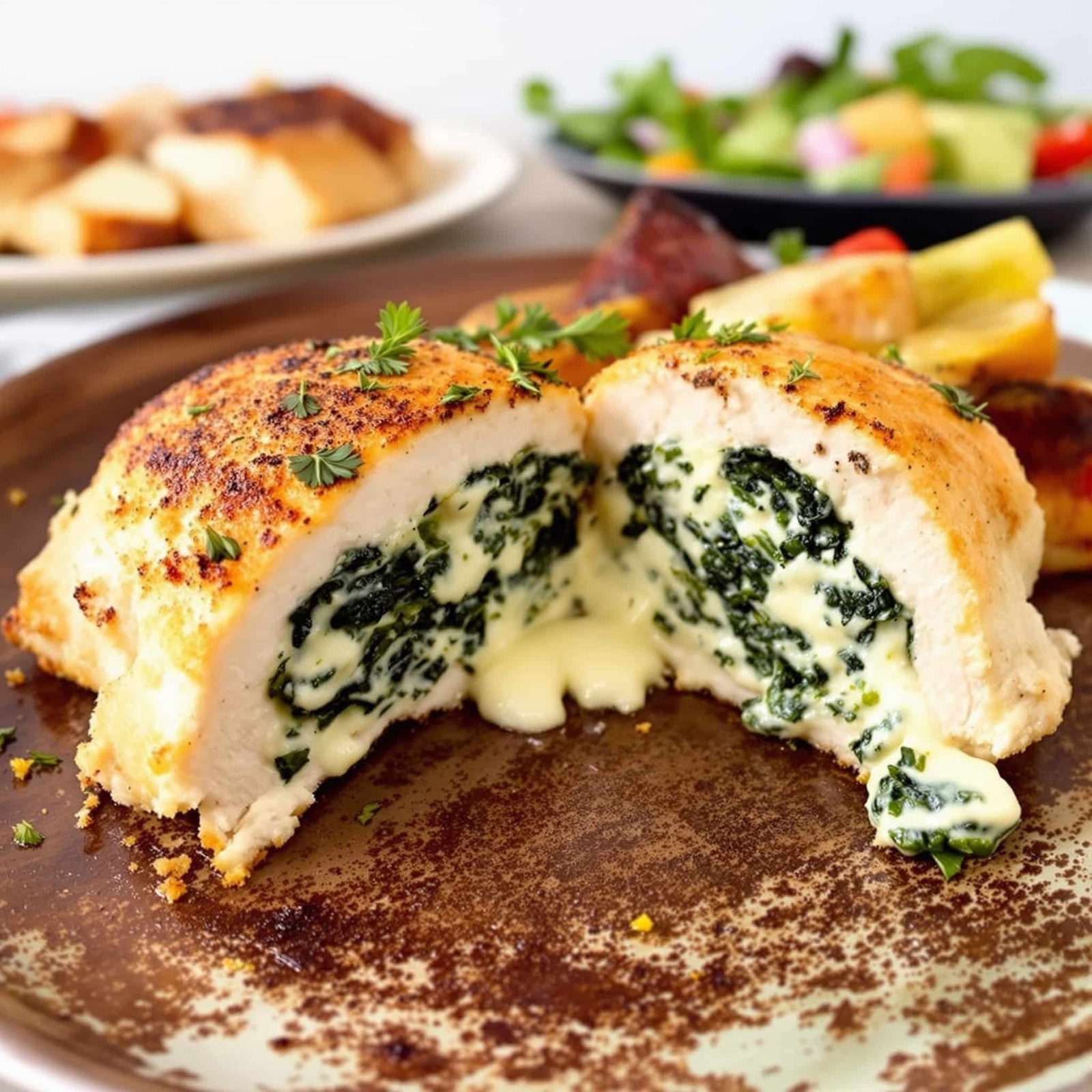 Stuffed chicken breast with spinach and cheese filling, served with roasted vegetables on a rustic plate.