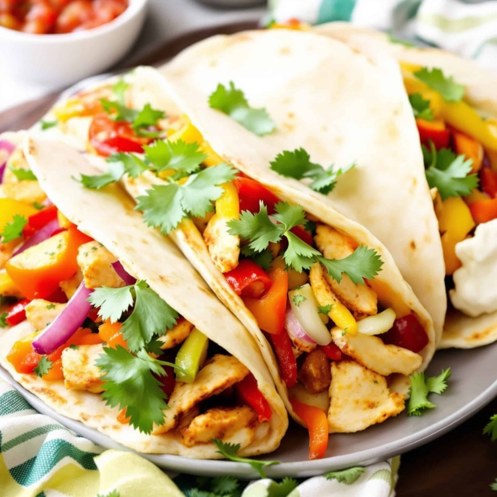 Air Fryer Chicken Fajitas Recipe Delicious chicken fajitas with vegetables in soft tortillas, garnished with cilantro and served with salsa.