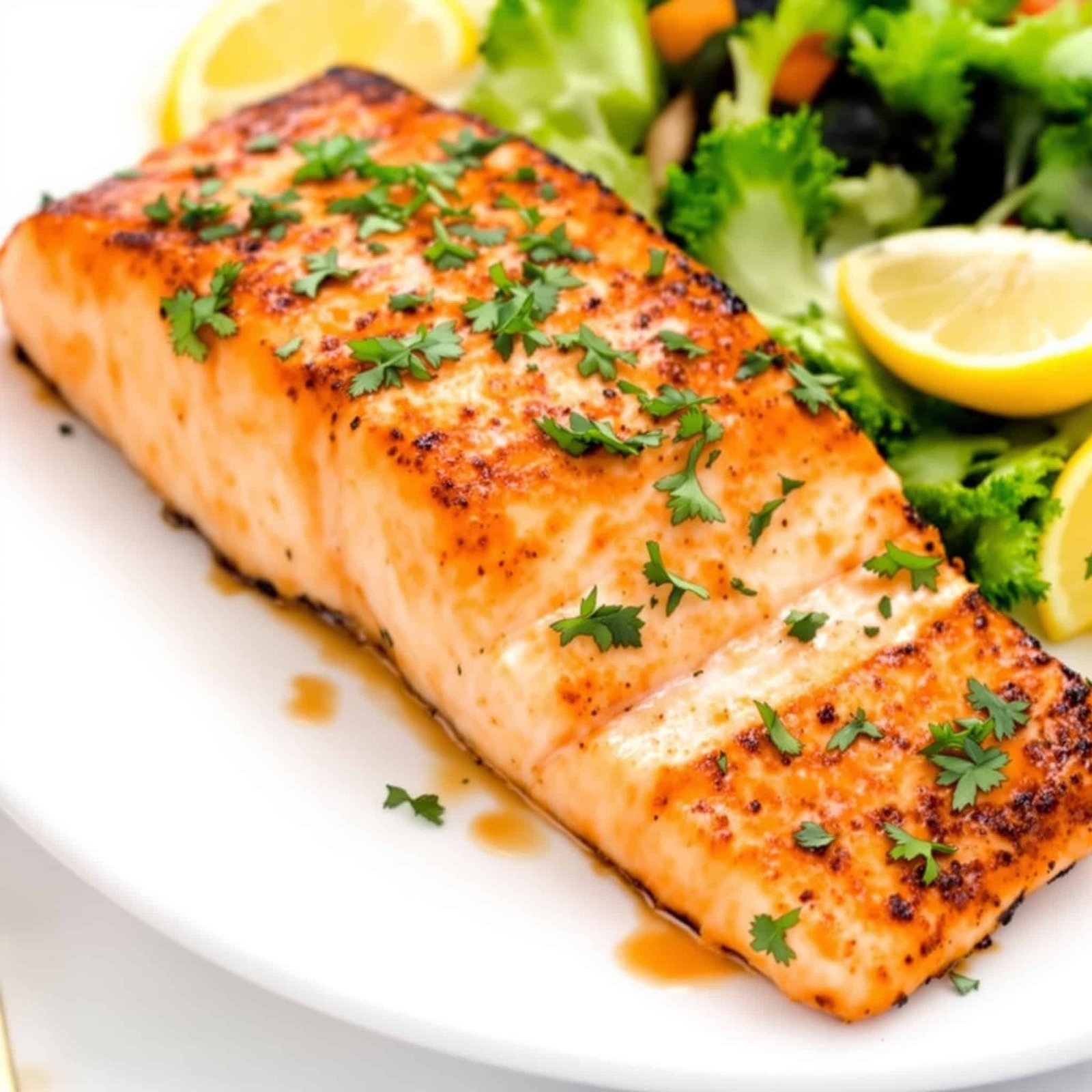 Crispy air fryer salmon fillet garnished with lemon and herbs on a plate with vegetables.