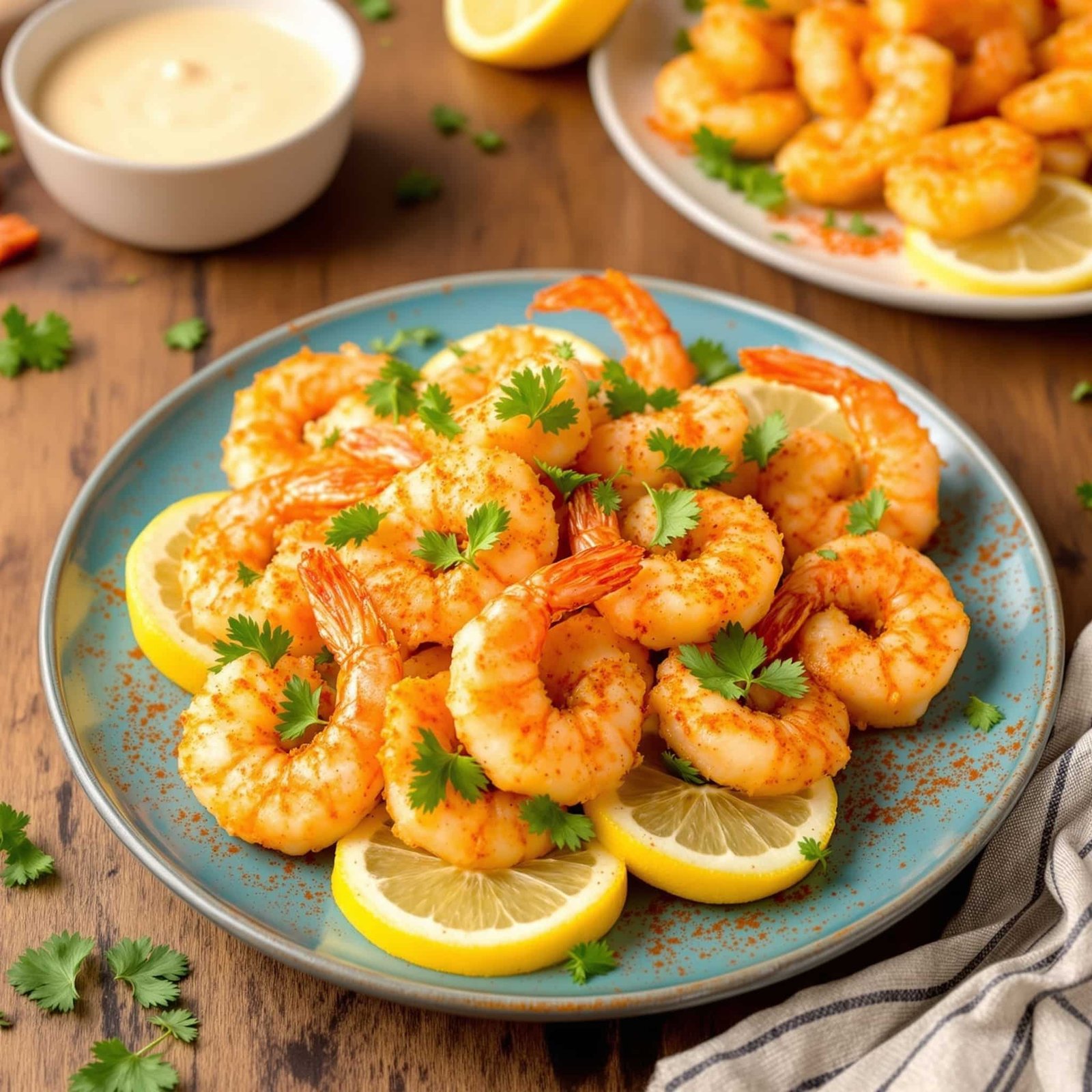 Crispy Air Fryer Garlic Shrimp Recipe Plate of crispy air fryer garlic shrimp garnished with parsley and lemon on a rustic wooden table.