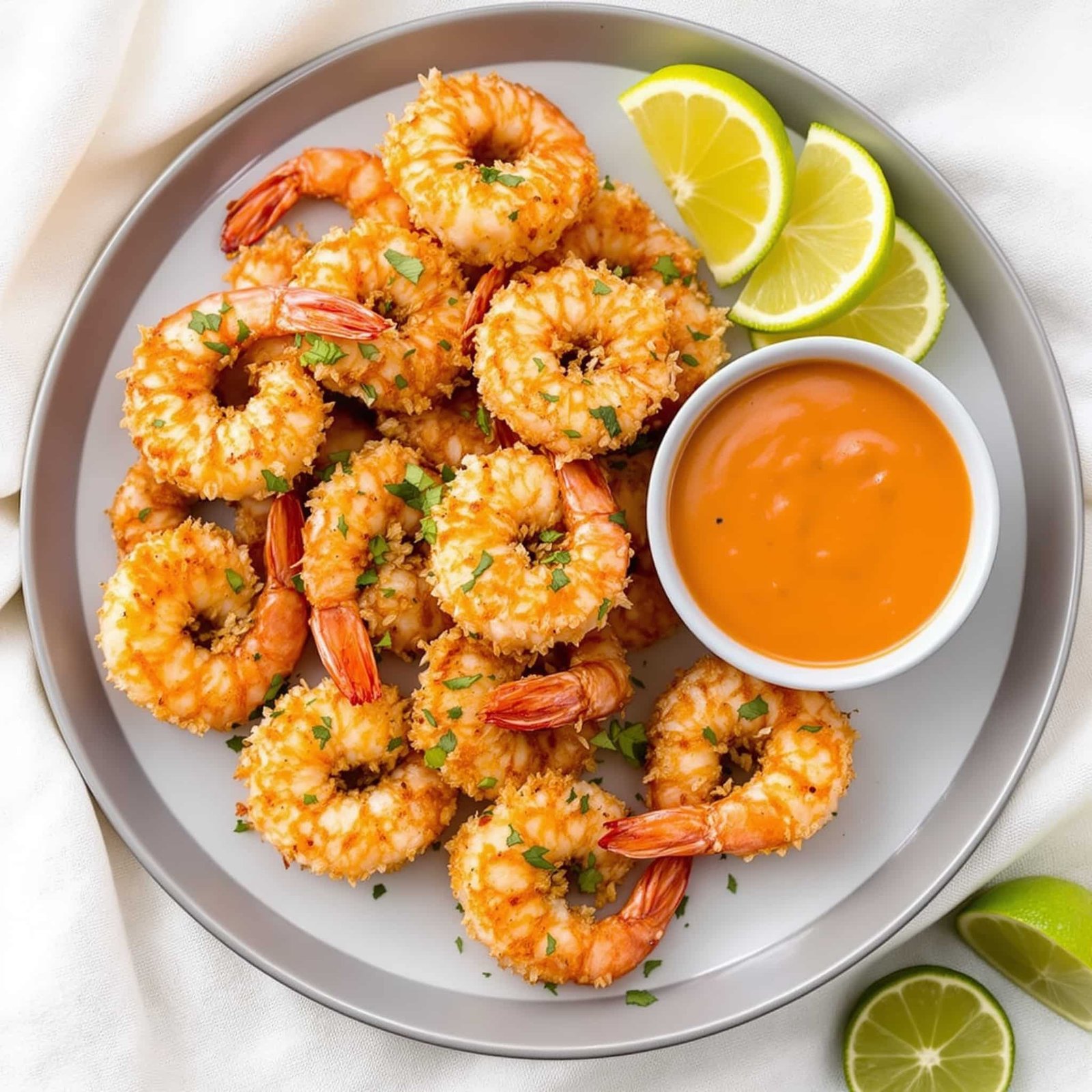 Crispy coconut shrimp on a plate with a bowl of sweet chili sauce, garnished with herbs and lime wedges.