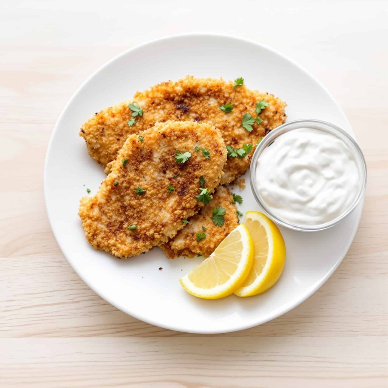 Crispy breaded fish fillets served with lemon and tartar sauce on a wooden table.