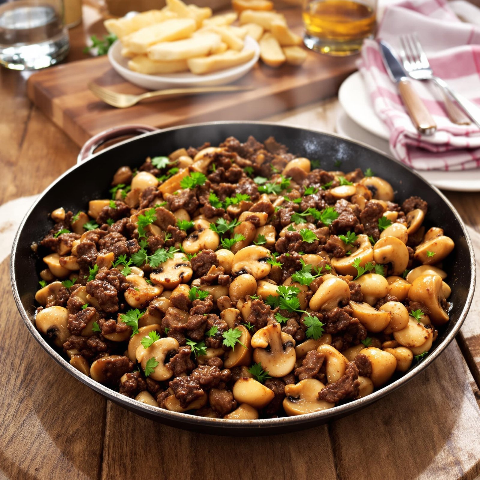 A savory beef and mushroom skillet dish garnished with parsley, showcasing ground beef and mushrooms in a pan.