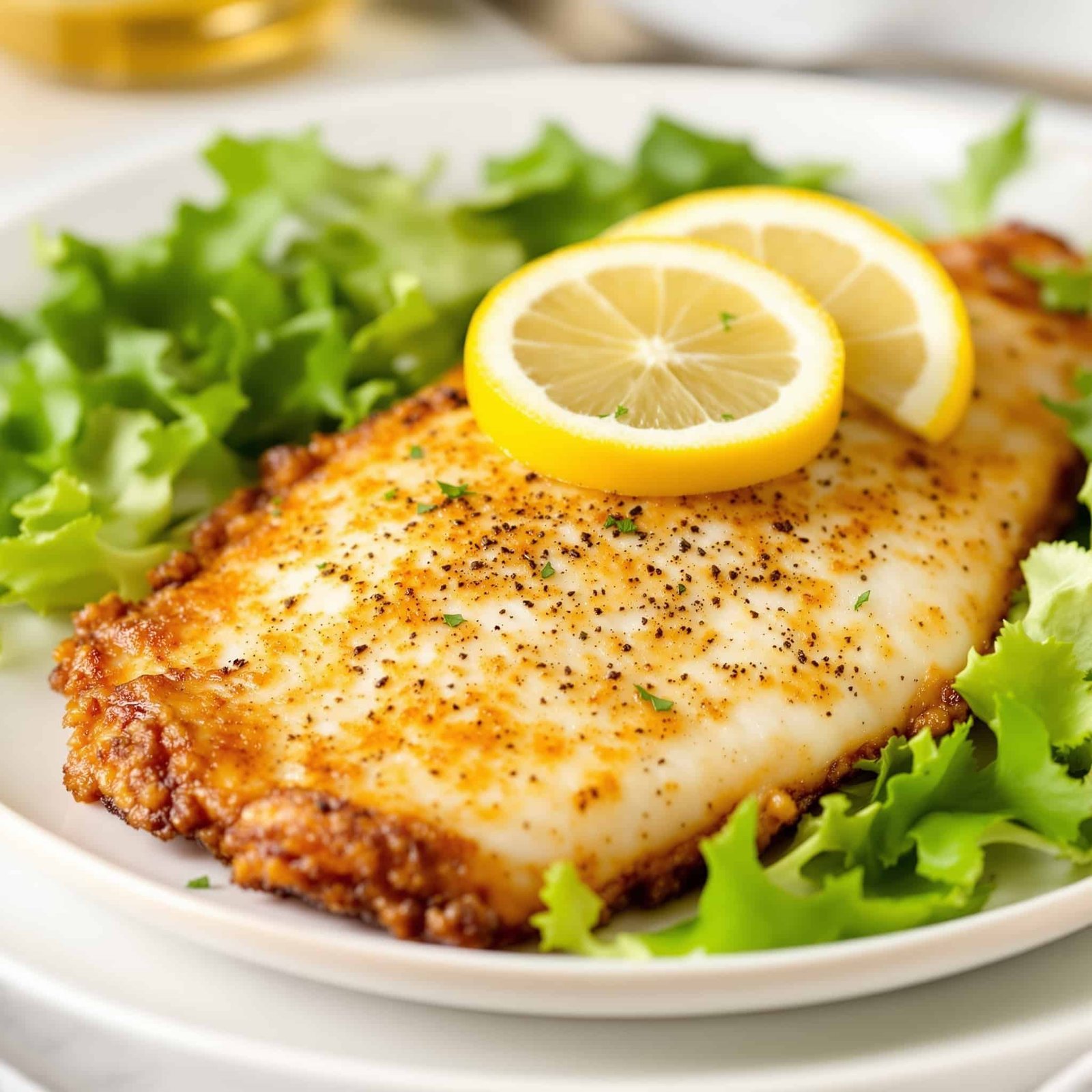 Crispy Air Fryer Lemon Pepper Tilapia Recipe Crispy lemon pepper tilapia fillet garnished with lemon slices, served with green vegetables.