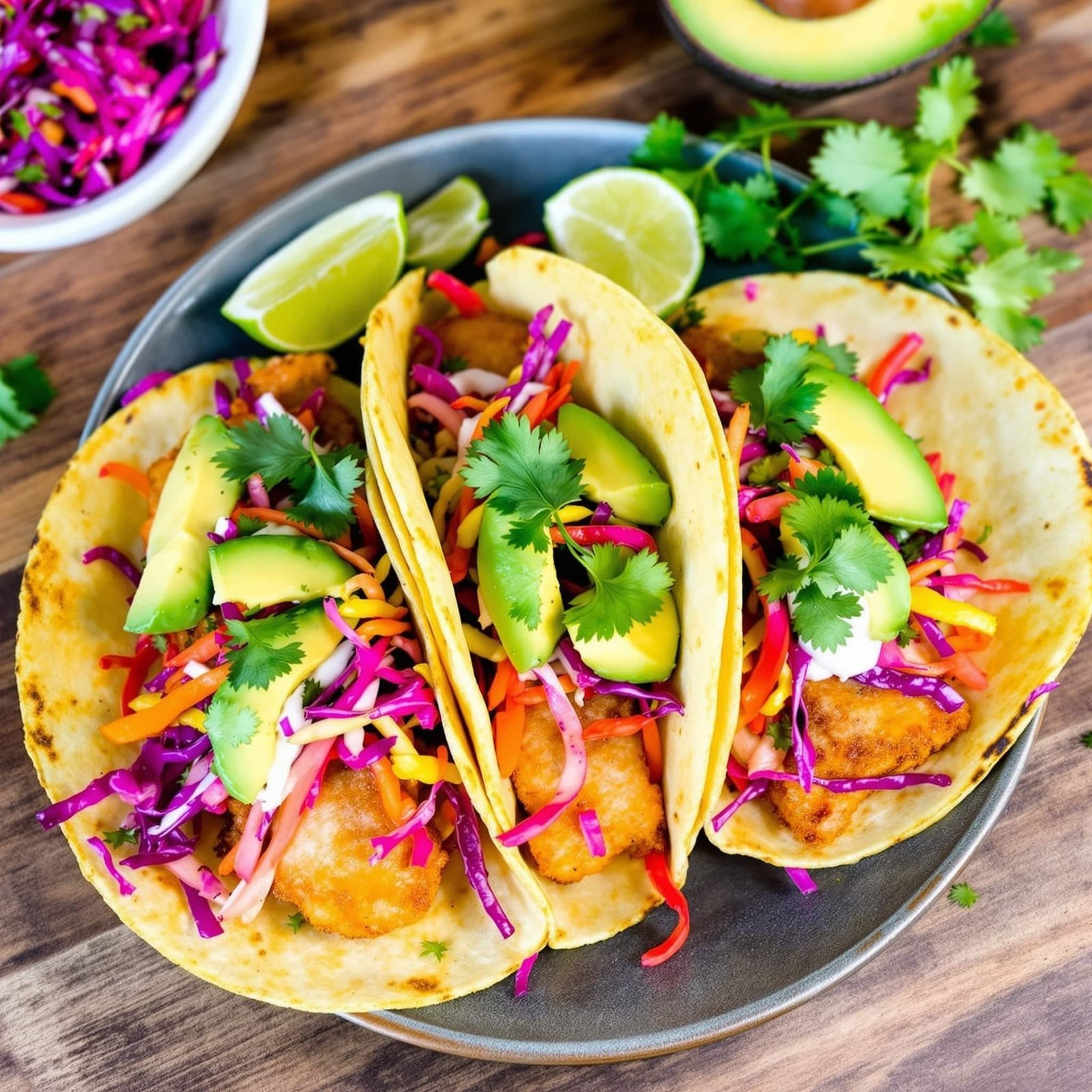 Crispy fish tacos with cabbage slaw and avocado slices served on a plate with lime wedges.