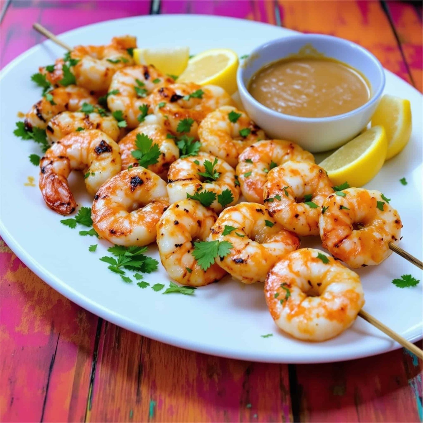 Air Fryer Garlic Butter Shrimp Skewers Recipe Garlic butter shrimp skewers on a plate garnished with parsley and lemon, on a wooden table.