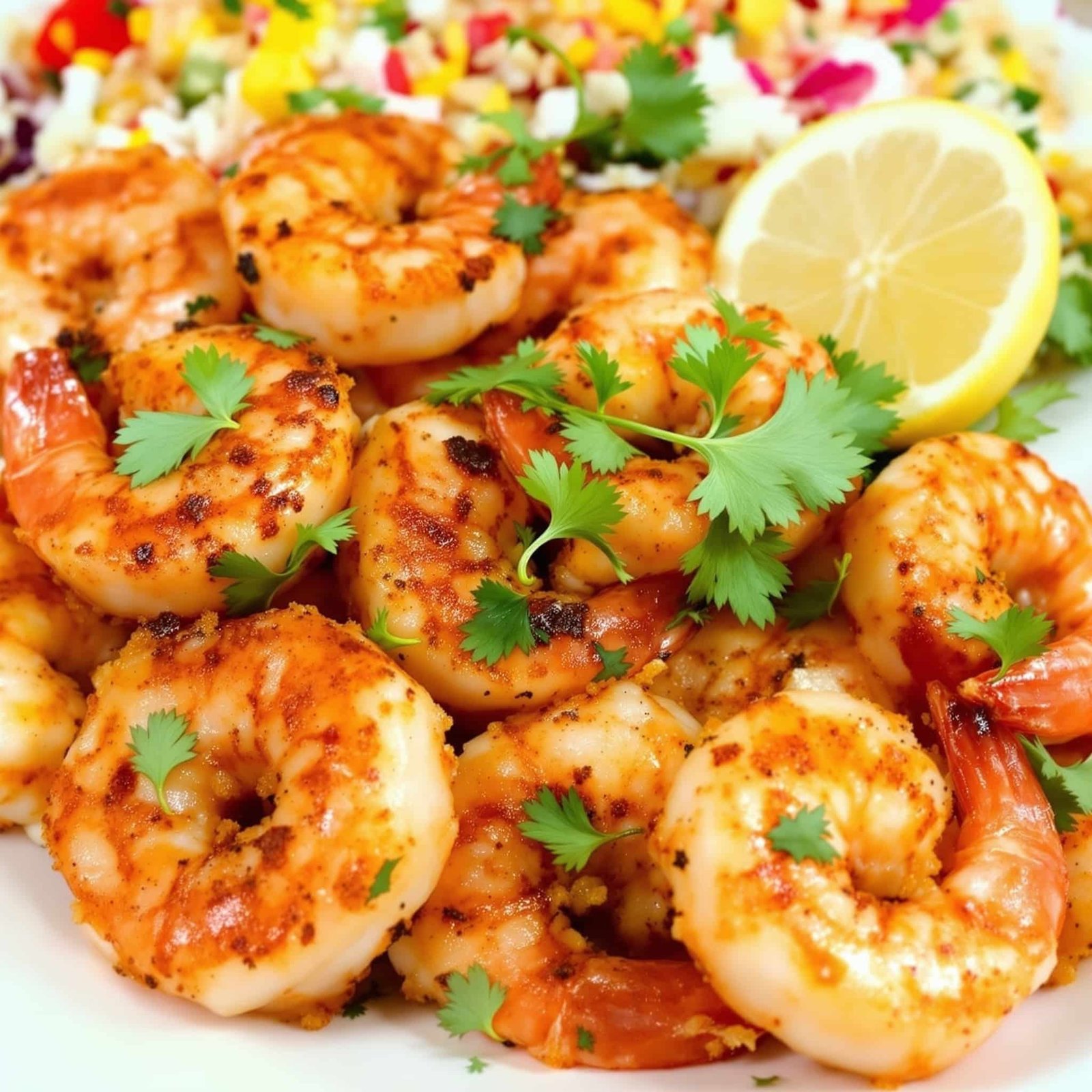 Spicy Cajun shrimp garnished with parsley on a plate with a lemon wedge.