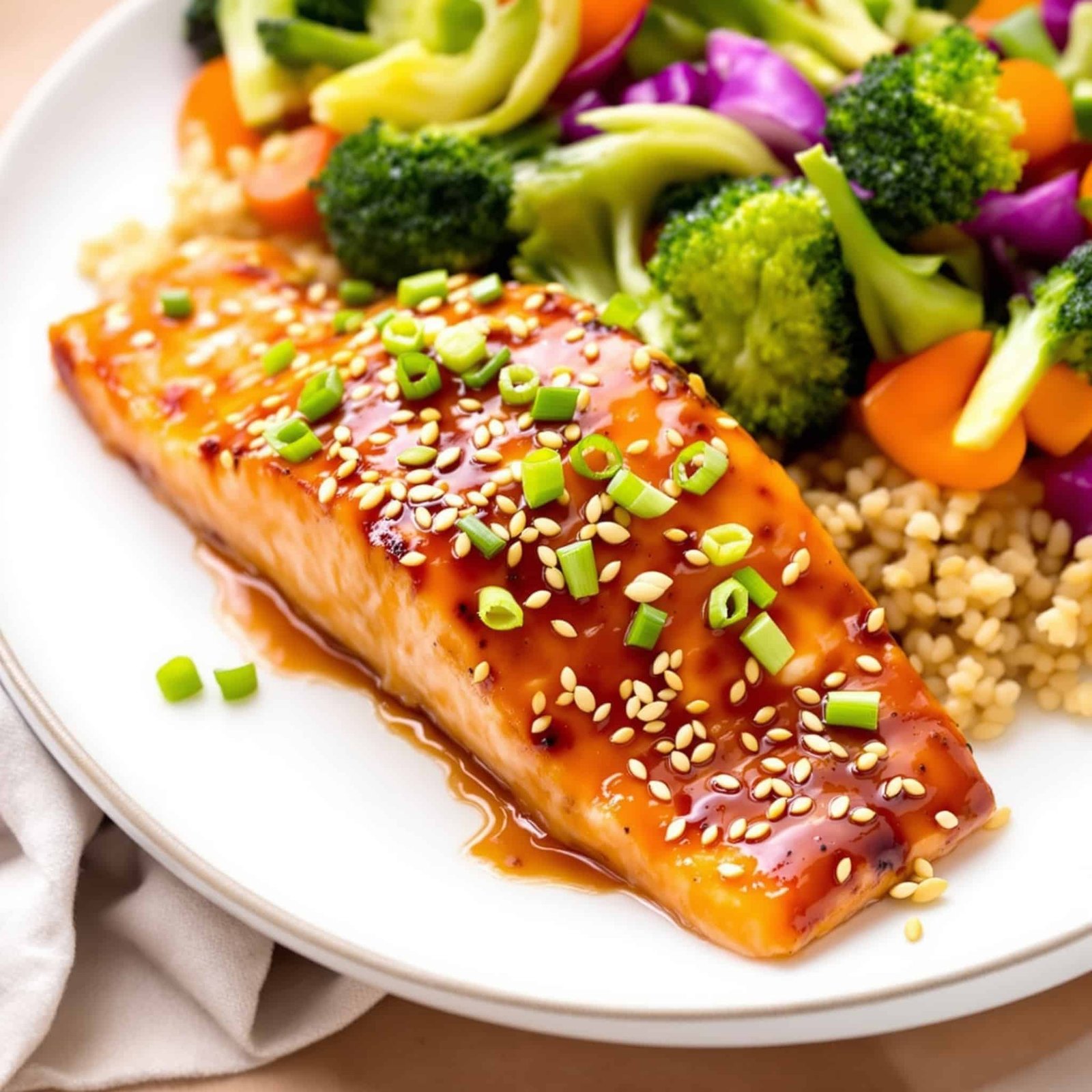 Air Fryer Honey Garlic Salmon Recipe Delicious air fryer honey garlic salmon on a plate with glaze, garnished with sesame seeds and green onions, served with vegetables and rice.