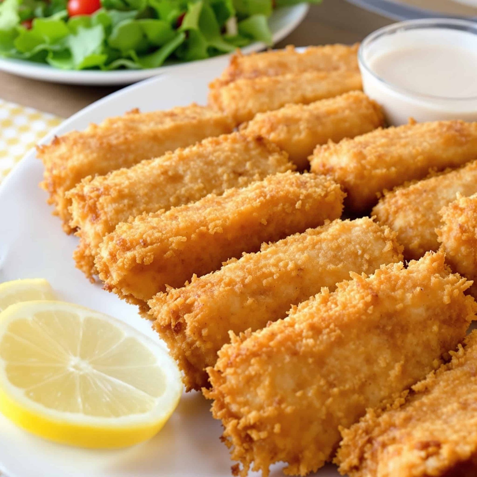 Crispy fish sticks served with lemon and tartar sauce on a plate.