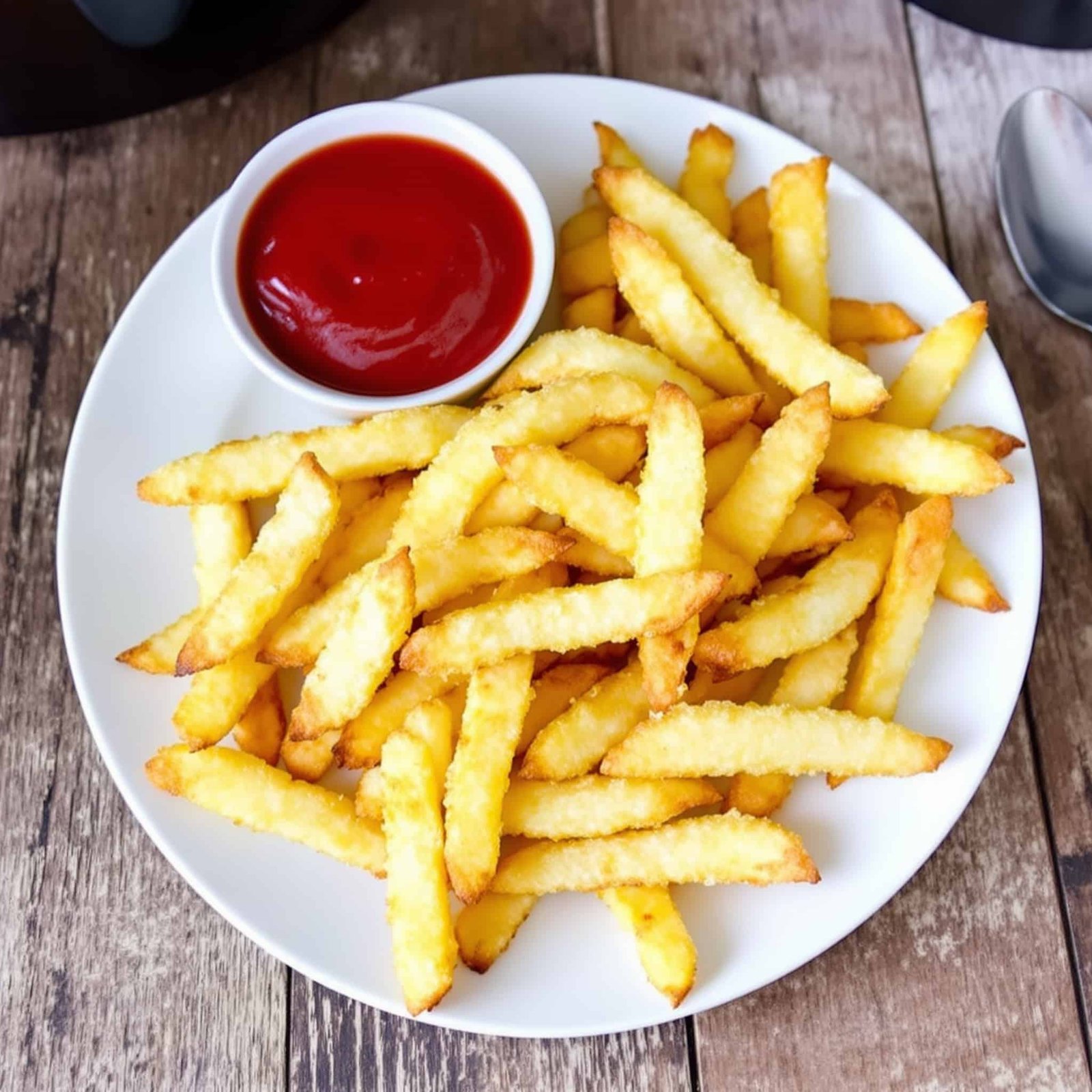 A serving of crispy air fryer french fries with ketchup on a rustic table.