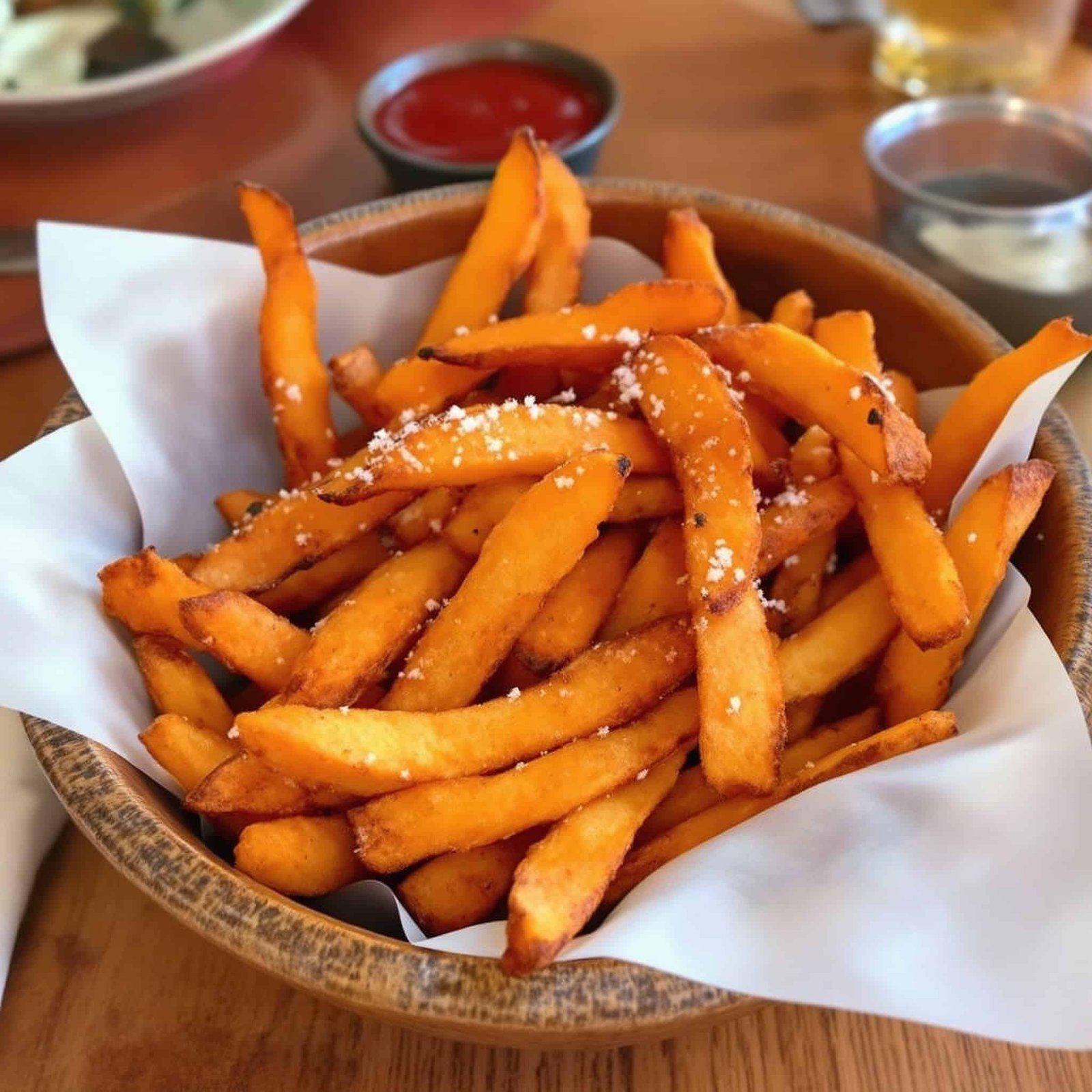 Crispy Air Fryer Sweet Potato Fries Recipe Crispy sweet potato fries in a bowl with ketchup on a wooden table.