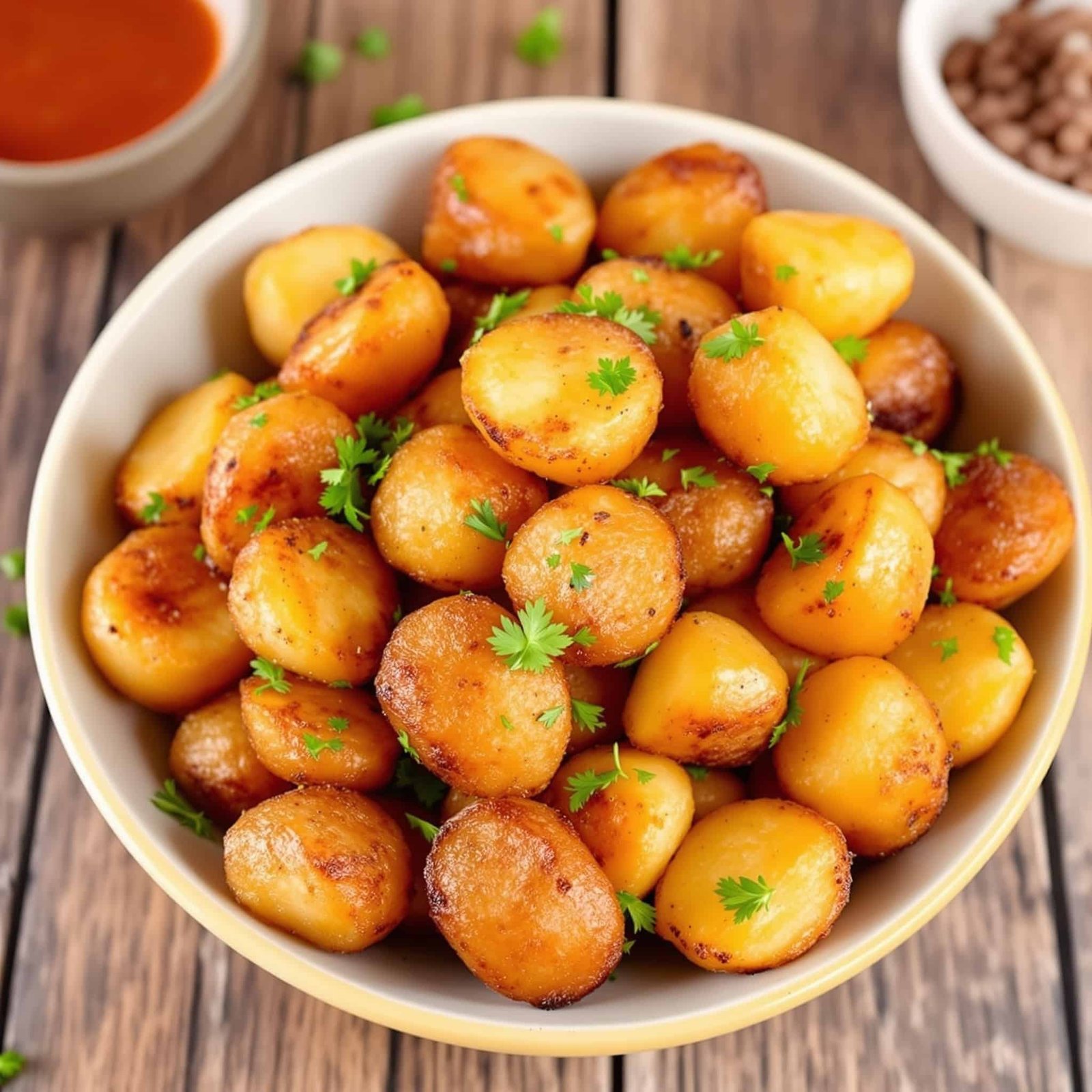 Crispy air-fried baby potatoes with parsley garnish on a wooden table with dipping sauce.