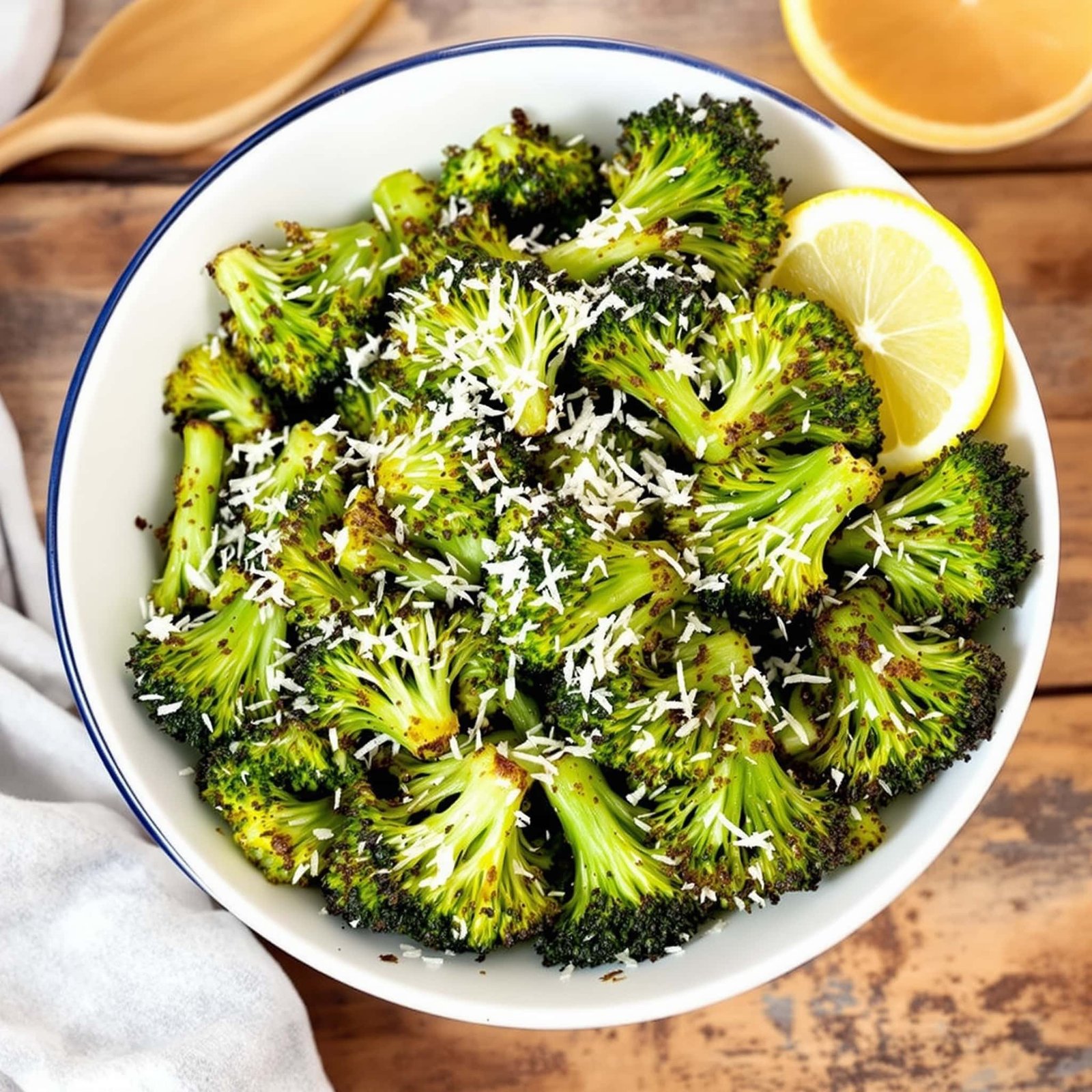 Crispy Air Fryer Roasted Broccoli Recipe Crispy air fryer roasted broccoli with Parmesan cheese and lemon on a wooden table.