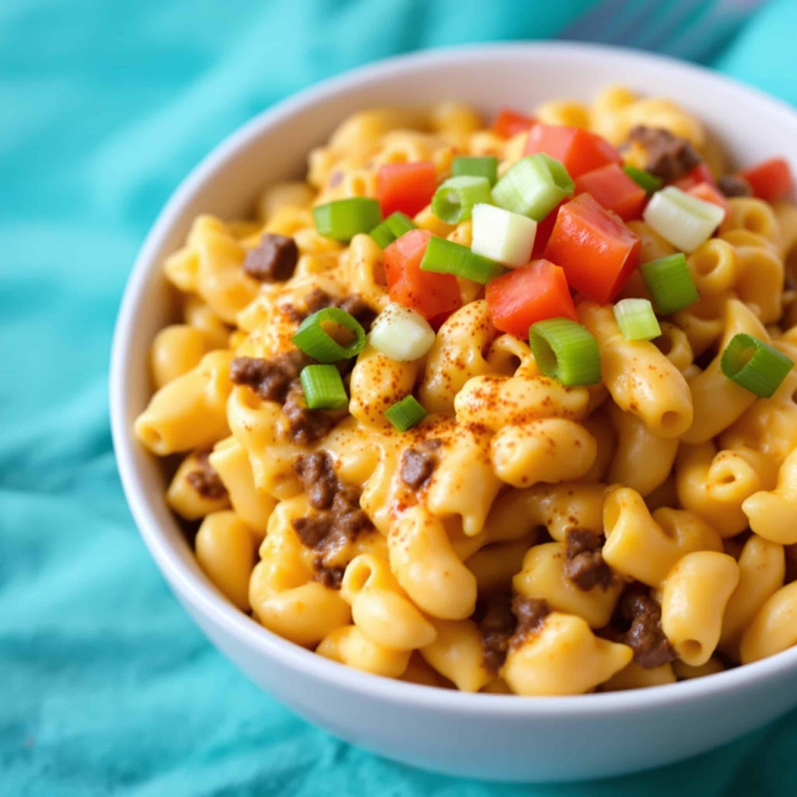 A bowl of Taco Mac and Cheese featuring macaroni, ground beef, and melted cheese, garnished with green onions and tomatoes.