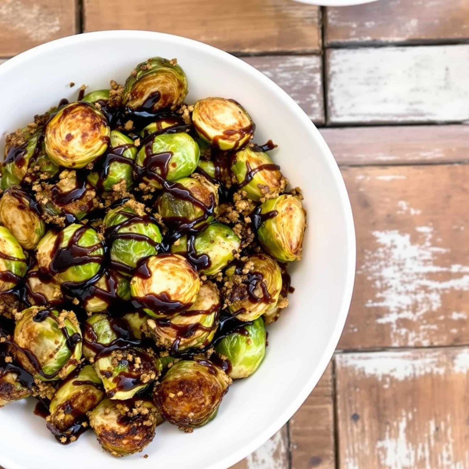 Crispy air fried Brussels sprouts drizzled with balsamic glaze, served in a bowl on a wooden table.