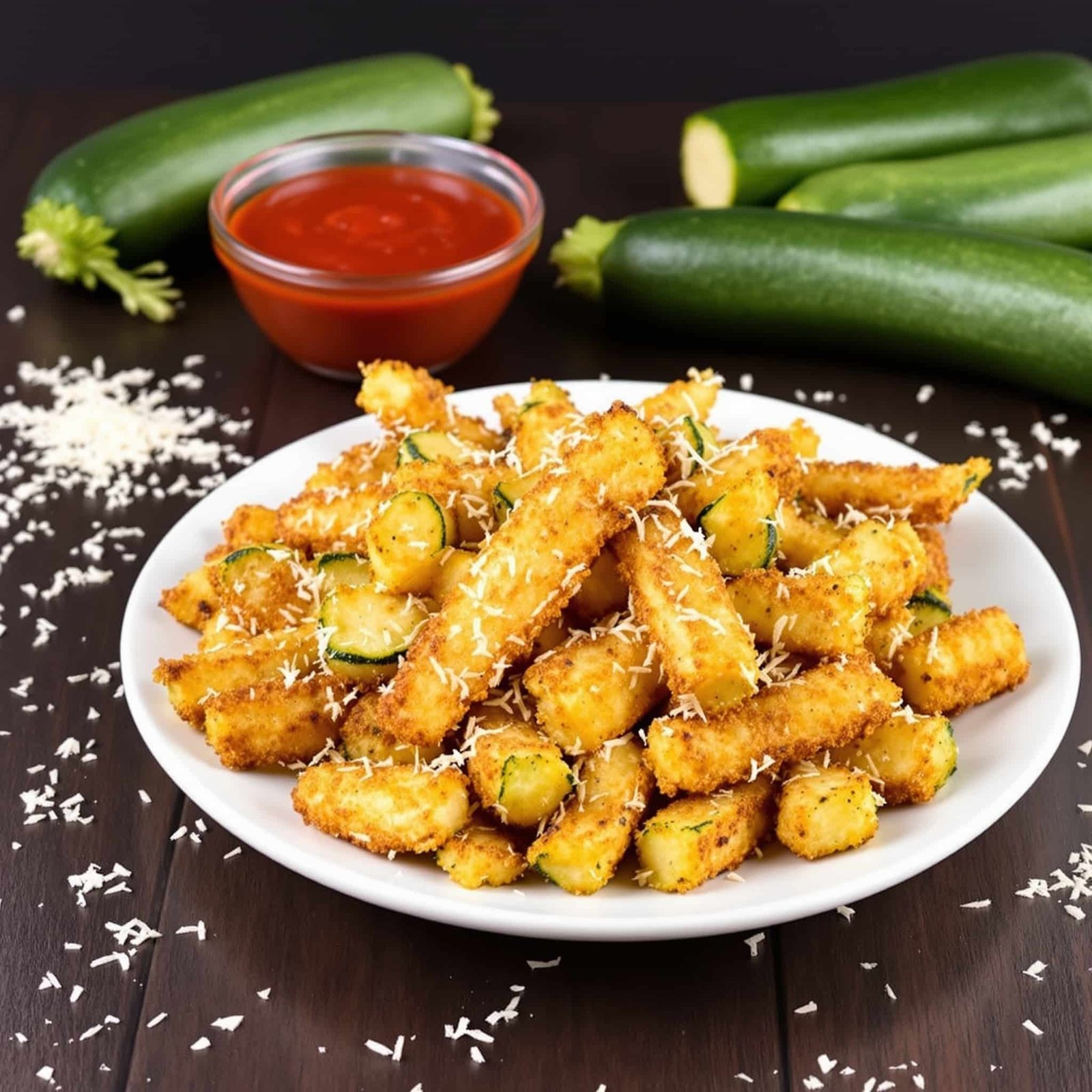 Crispy Air Fryer Zucchini Fries Recipe Crispy zucchini fries served with marinara sauce on a rustic wooden table.