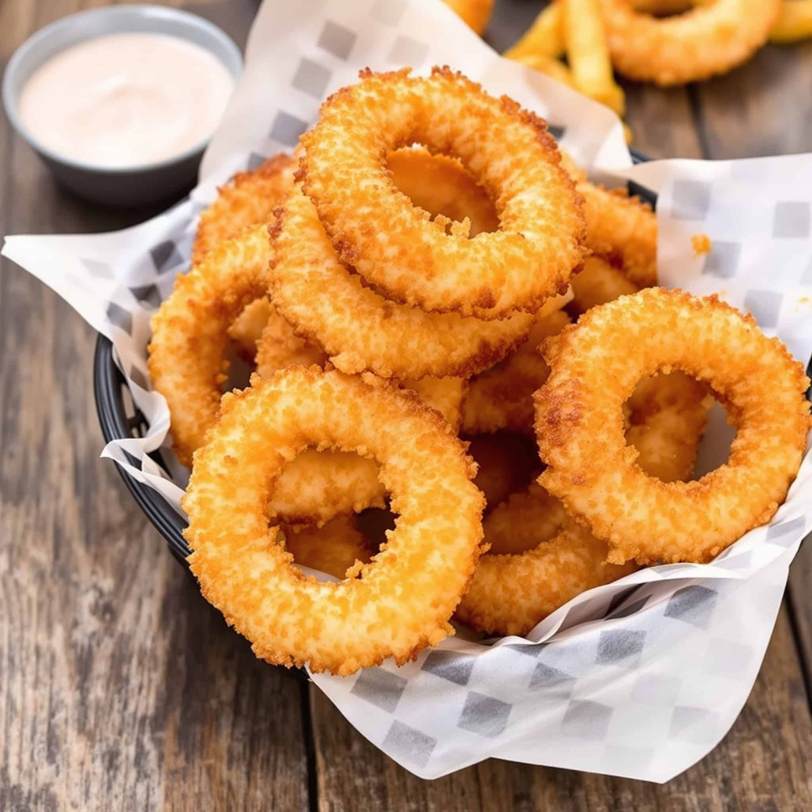 Crispy air fryer onion rings in a basket with a dipping sauce, on a rustic wooden table.