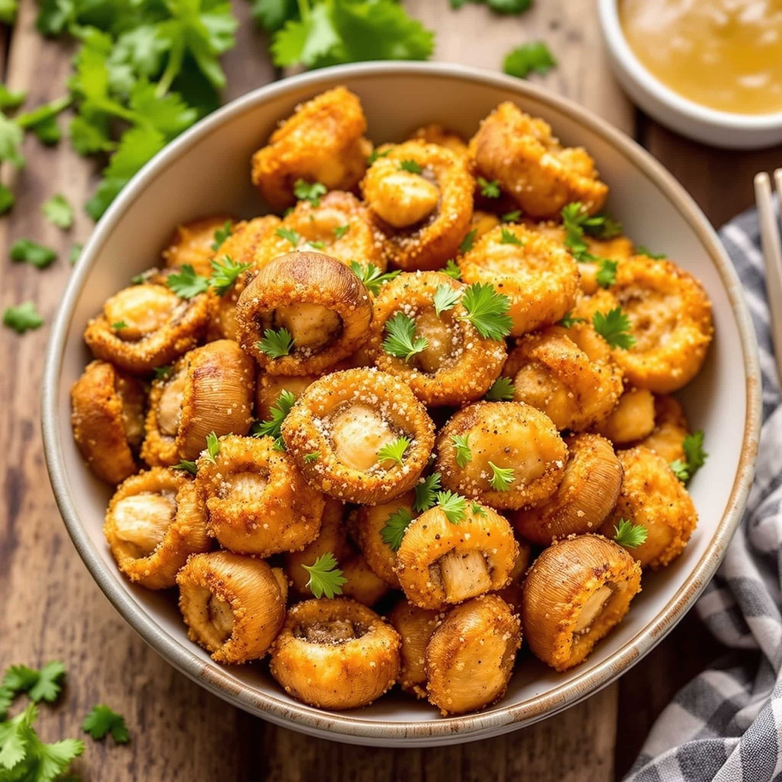 Crispy garlic mushrooms in a bowl, garnished with parsley on a rustic table.
