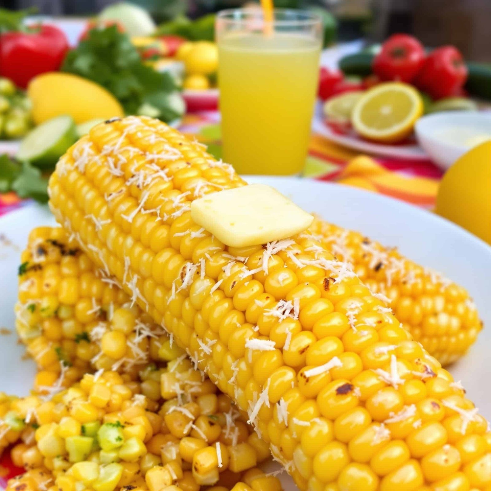 Crispy air fryer corn on the cob garnished with butter and Parmesan cheese on a picnic table.