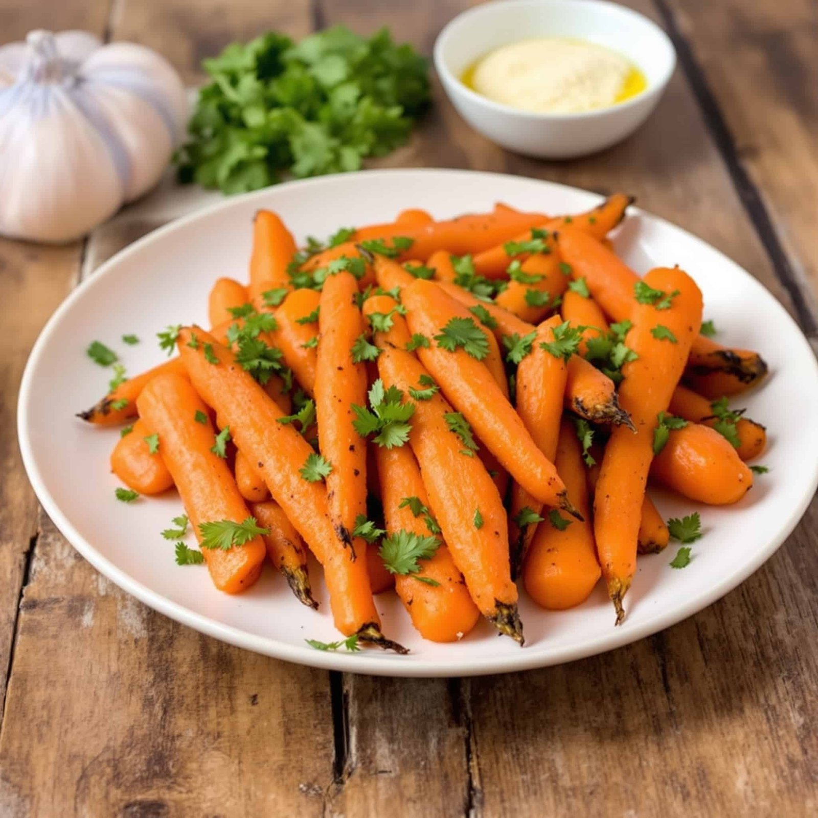 Crispy Air Fryer Roasted Carrots Recipe Plated crispy roasted carrots with parsley on a wooden table.