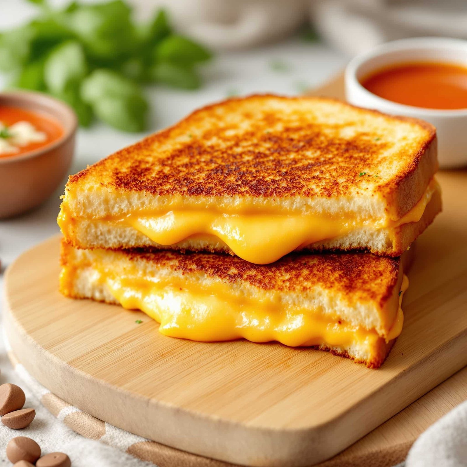 A melty grilled cheese sandwich on a wooden board with tomato soup, creating a warm and inviting meal.