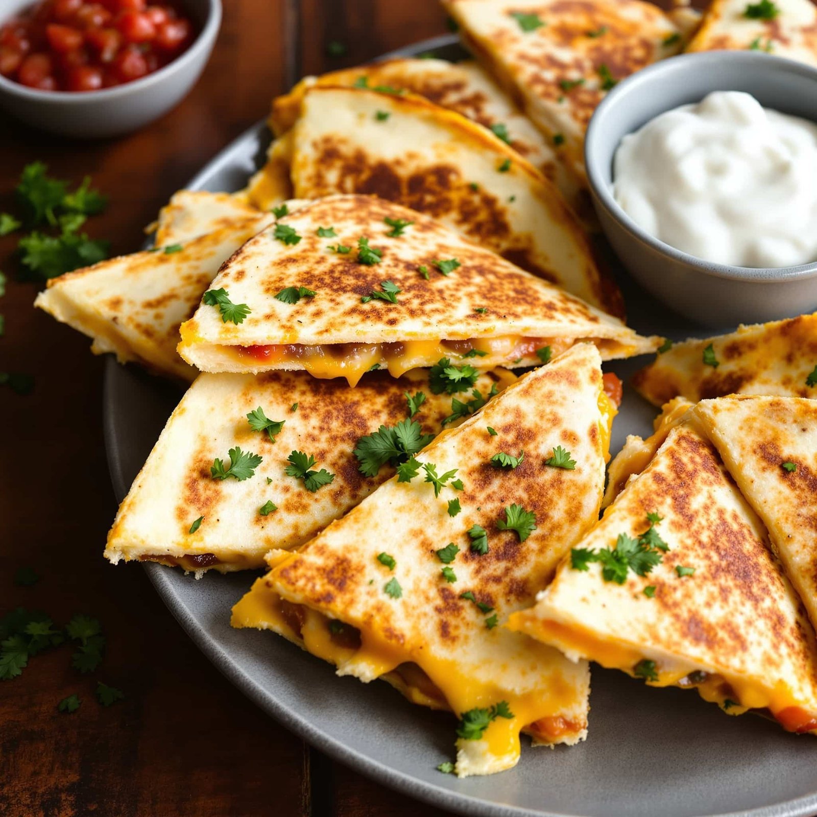 Crispy Air Fryer Quesadillas Recipe Crispy air fryer quesadilla wedges with melted cheese, served with salsa and sour cream on a rustic table.