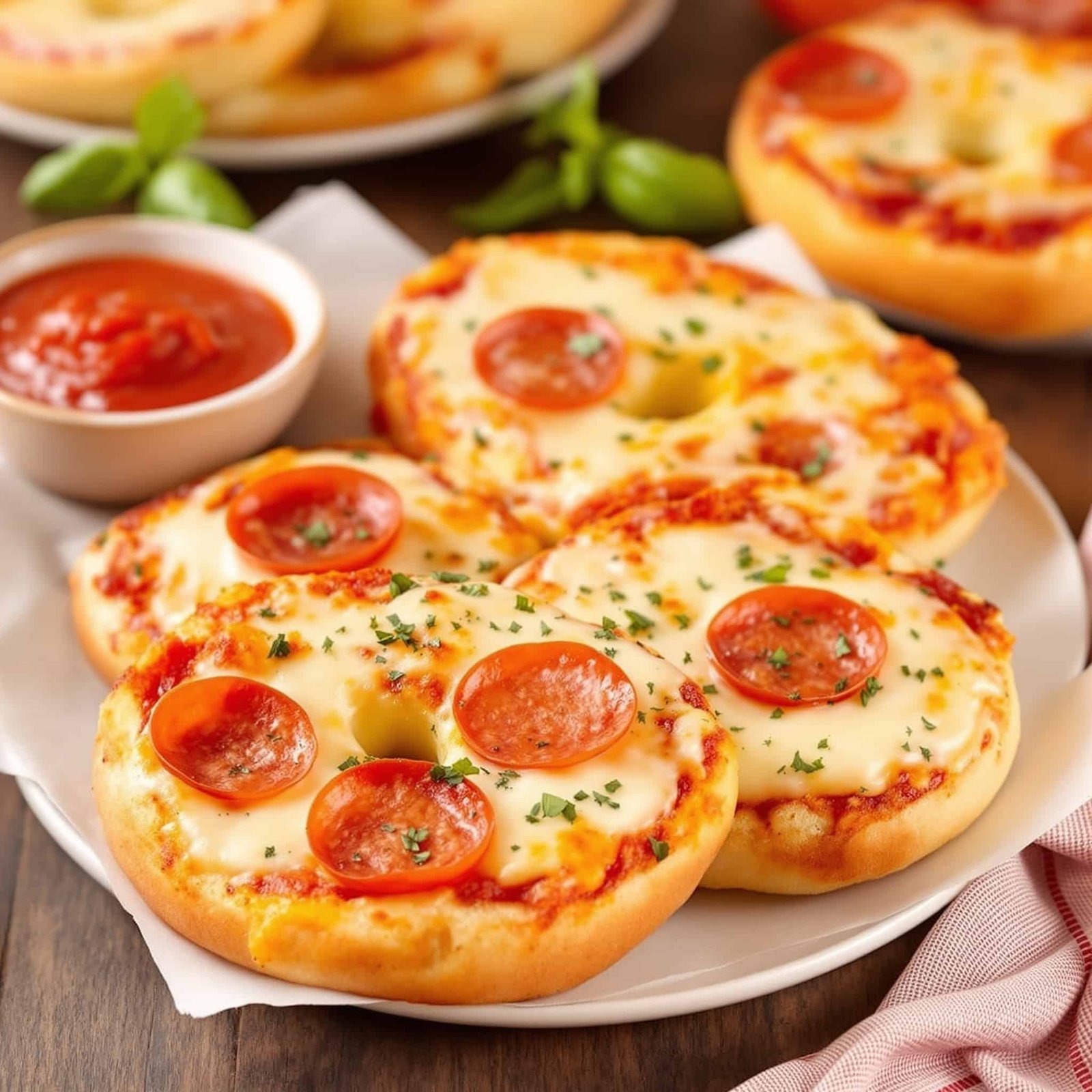 Crispy Air Fryer Pizza Bagels with cheese and pepperoni on a plate, served with marinara sauce.