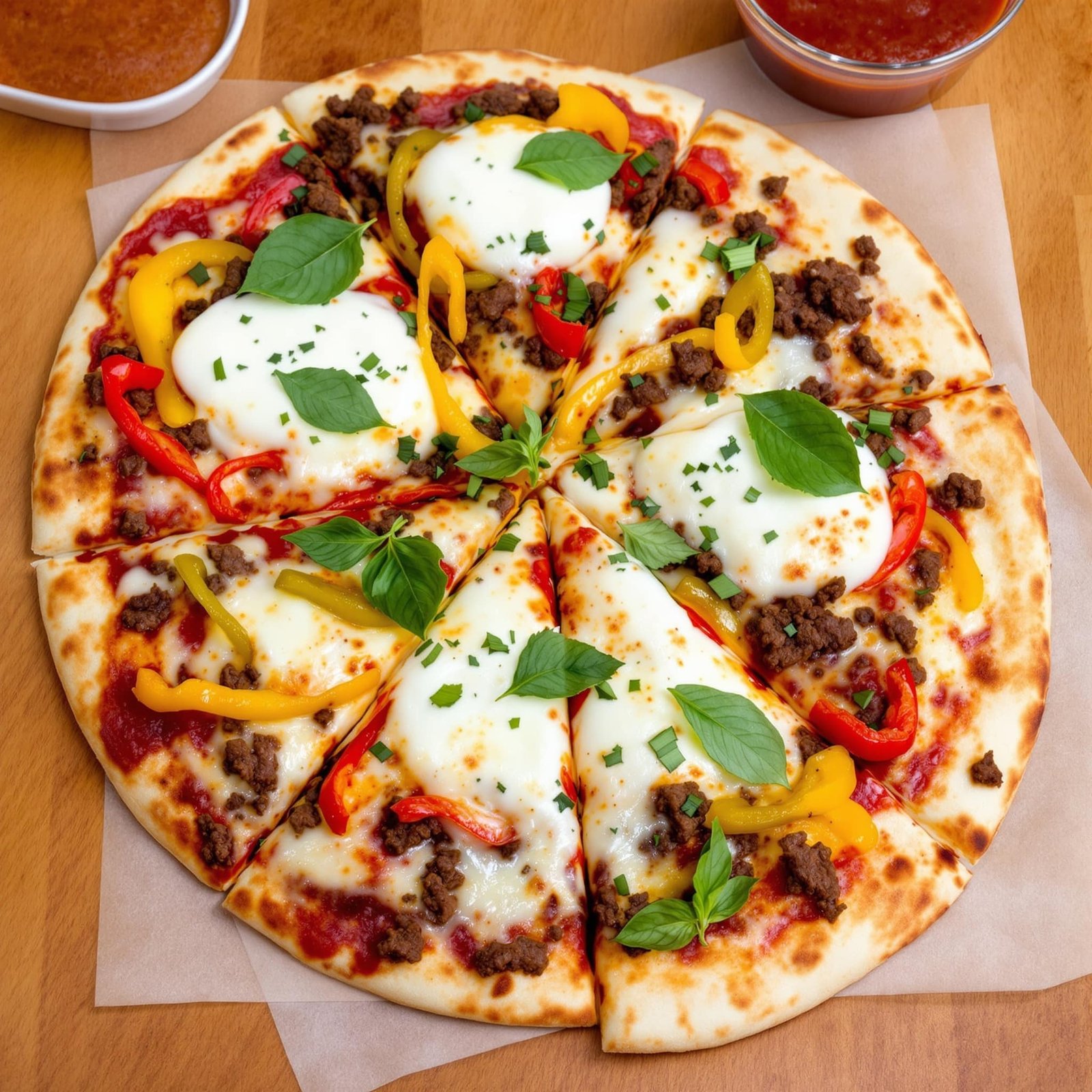 Flatbread pizza with ground beef, mozzarella cheese, and bell peppers, beautifully arranged and garnished with basil.