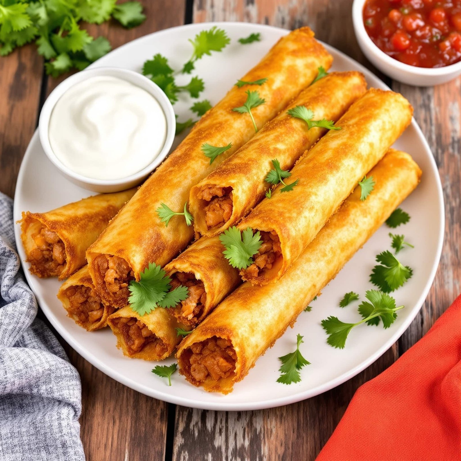 Crispy Air Fryer Chicken Taquitos Recipe A plate of air fryer chicken taquitos with sour cream and salsa.