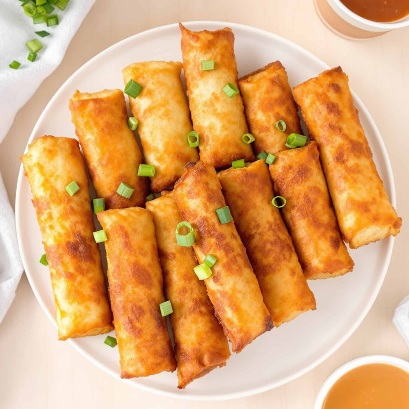 Crispy air fryer egg rolls on a plate with dipping sauce, garnished with green onions.